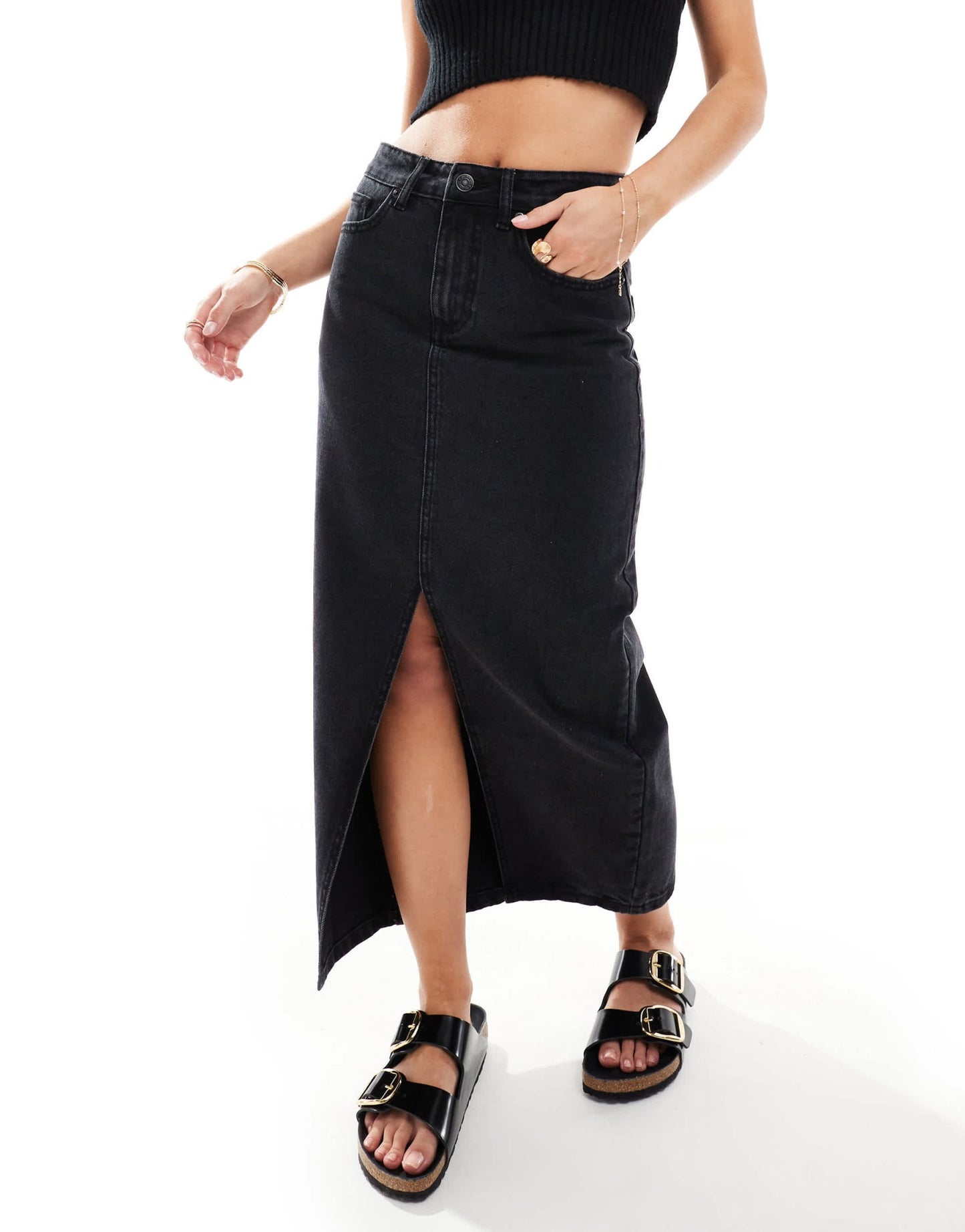 DTT Petite denim midi skirt with front split in black - ASOS Sample Sale
