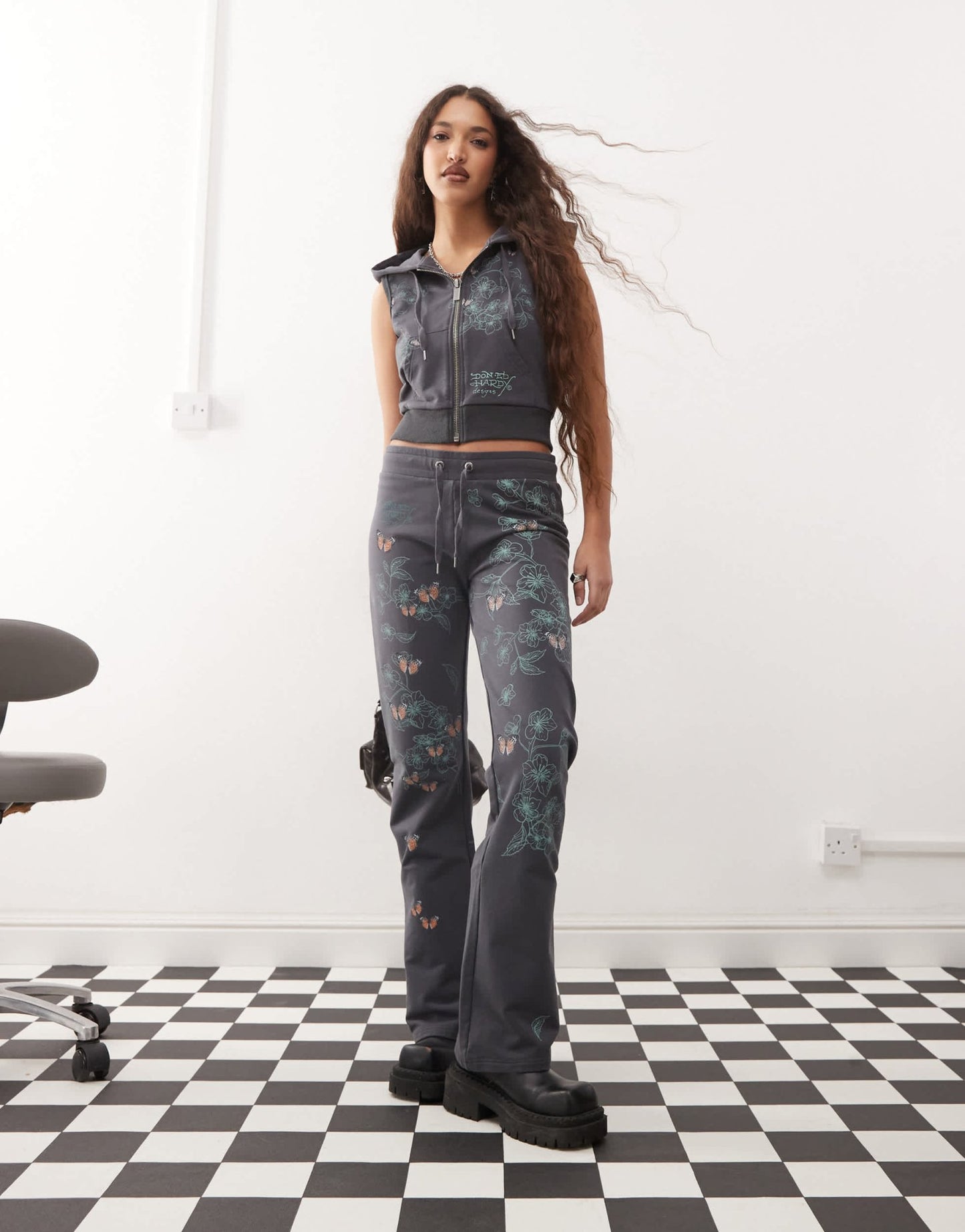 Ed Hardy true to my love cropped sleeveless hoodie in charcoal co - ord - ASOS Sample Sale