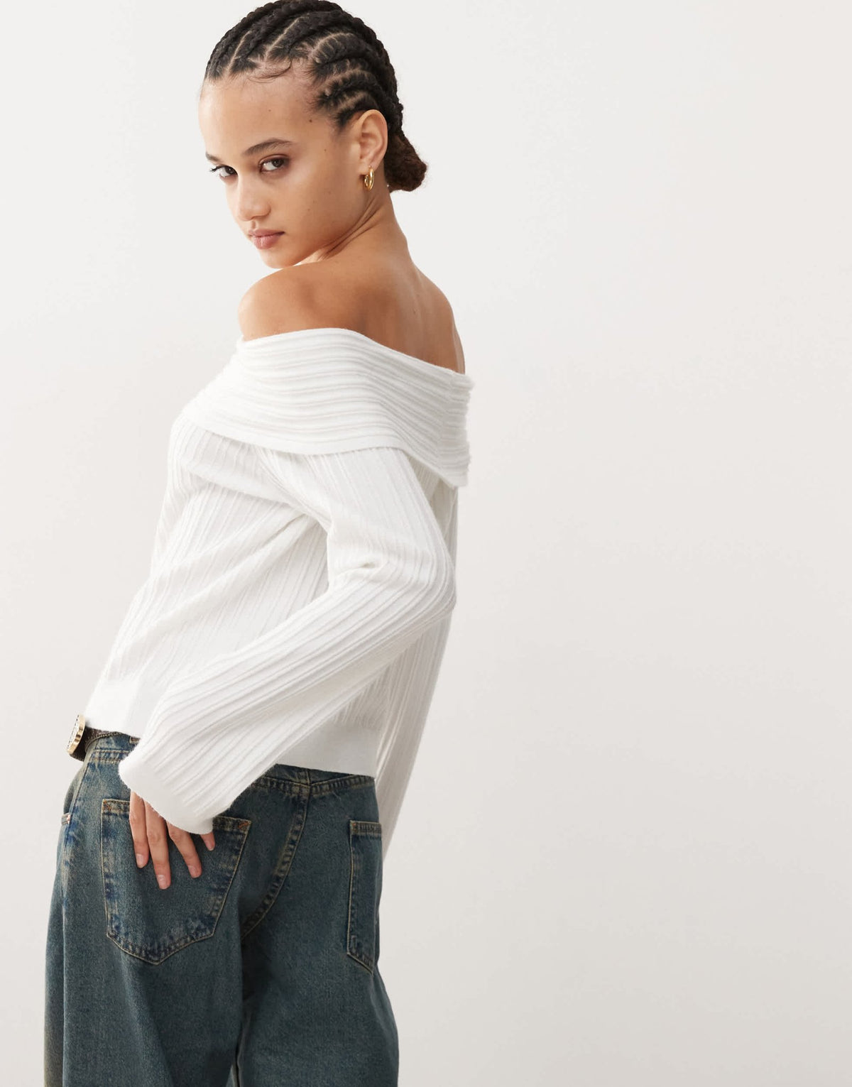 Edikted brandy fold over ribbed off shoulder knit in white - ASOS Sample Sale