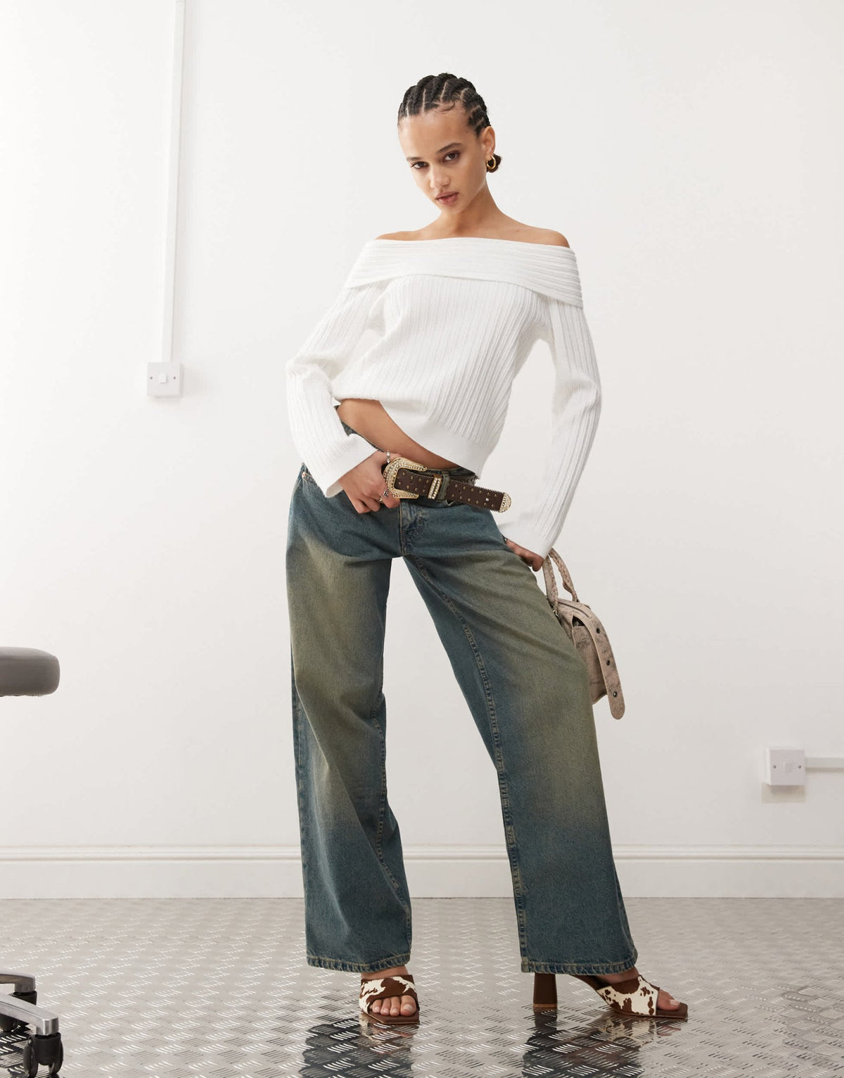 Edikted brandy fold over ribbed off shoulder knit in white - ASOS Sample Sale