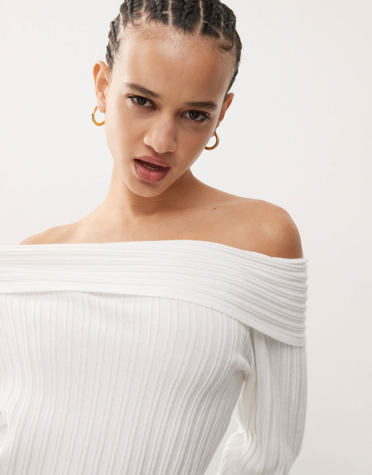 Edikted brandy fold over ribbed off shoulder knit in white - ASOS Sample Sale