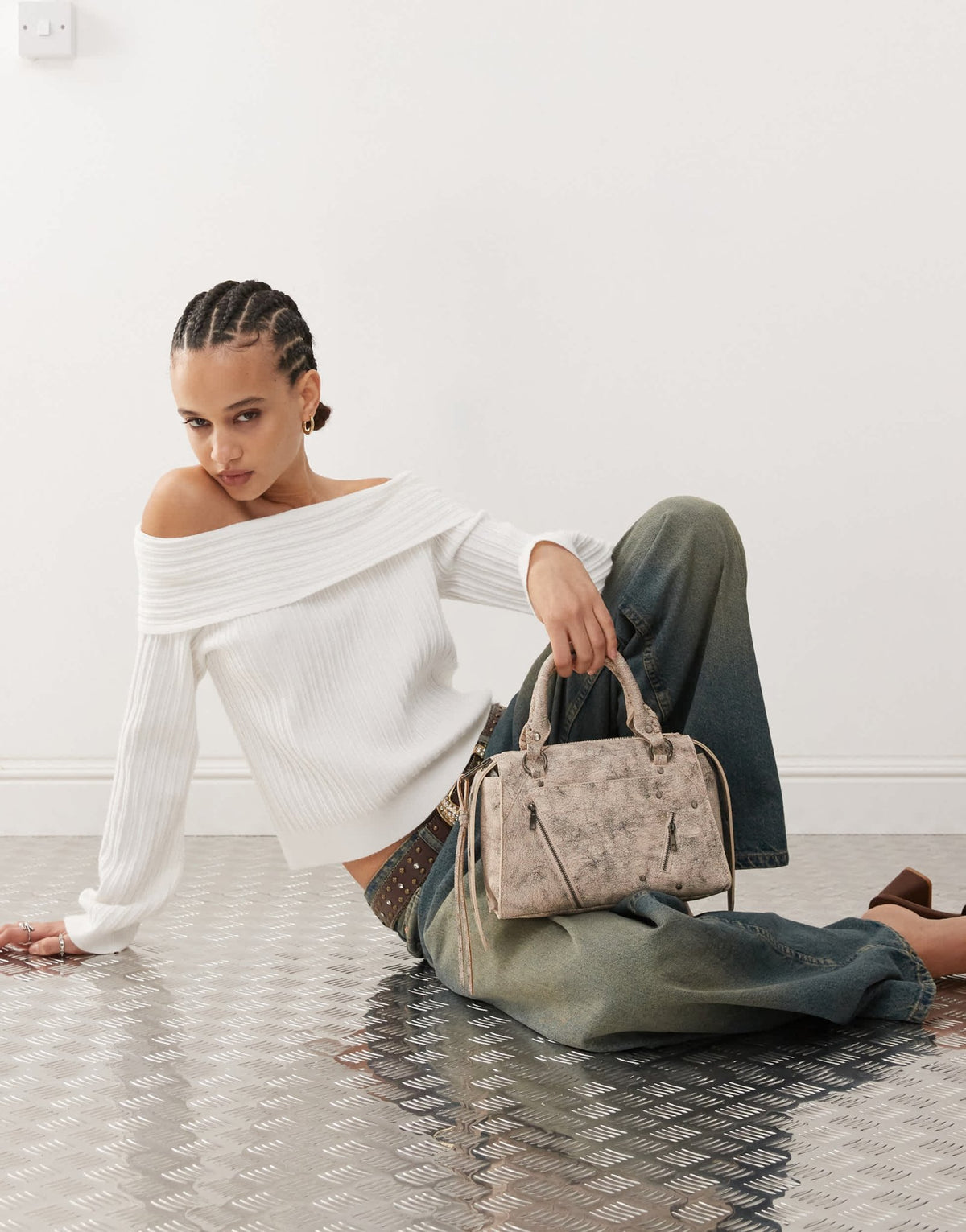 Edikted brandy fold over ribbed off shoulder knit in white - ASOS Sample Sale