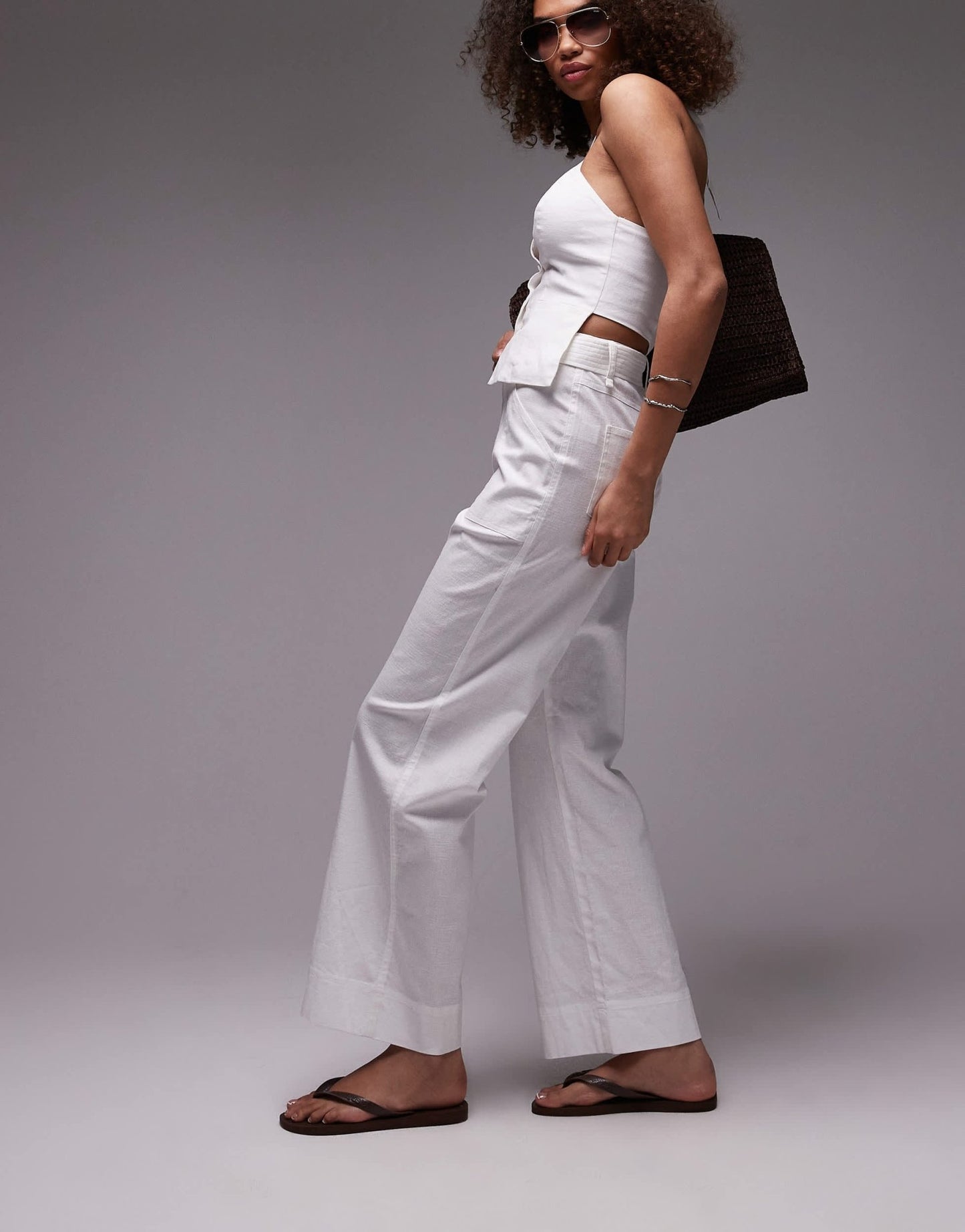 Emory Park belt detail wide leg linen trouser co - ord in white - ASOS Sample Sale