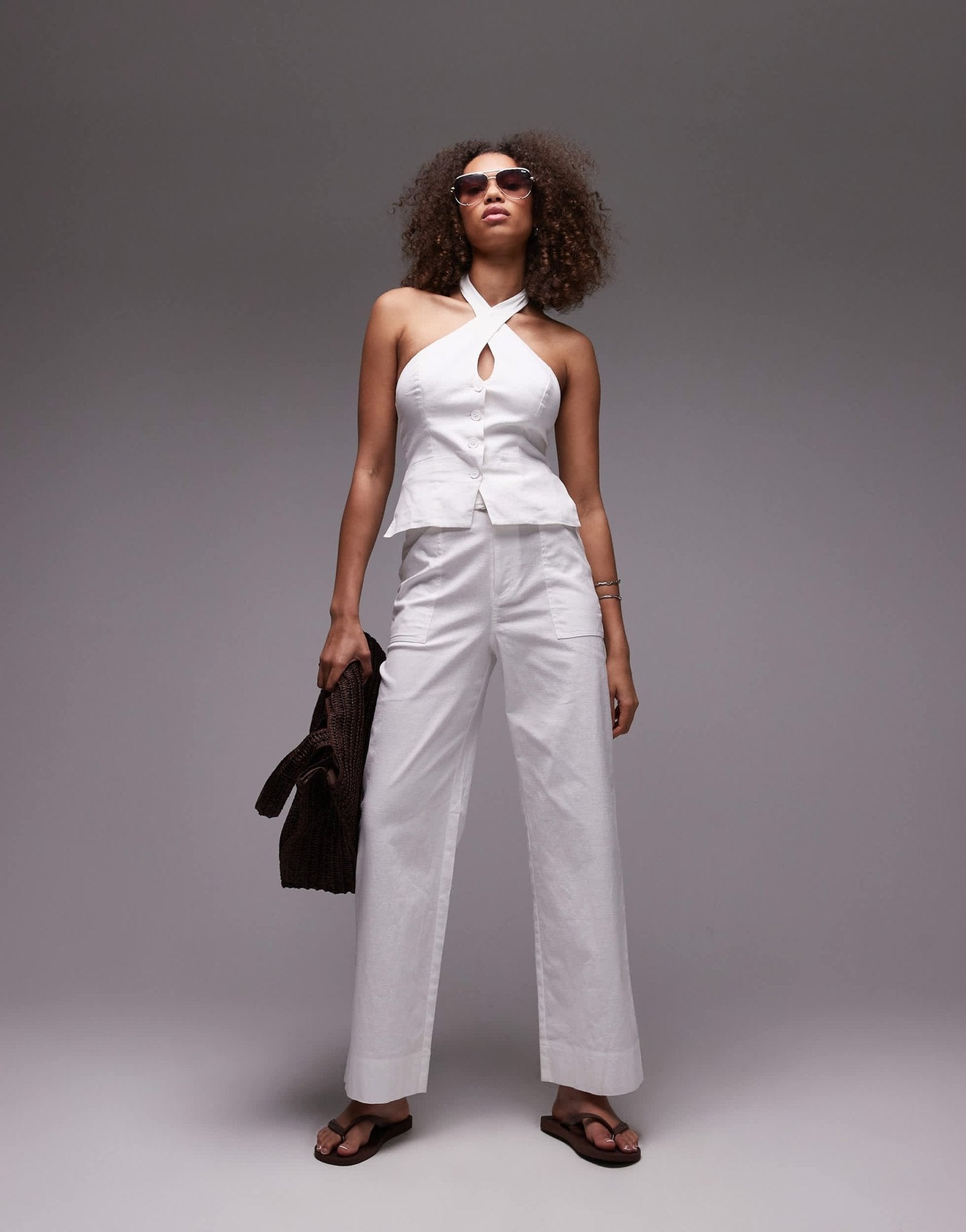 Emory Park belt detail wide leg linen trouser co - ord in white - ASOS Sample Sale