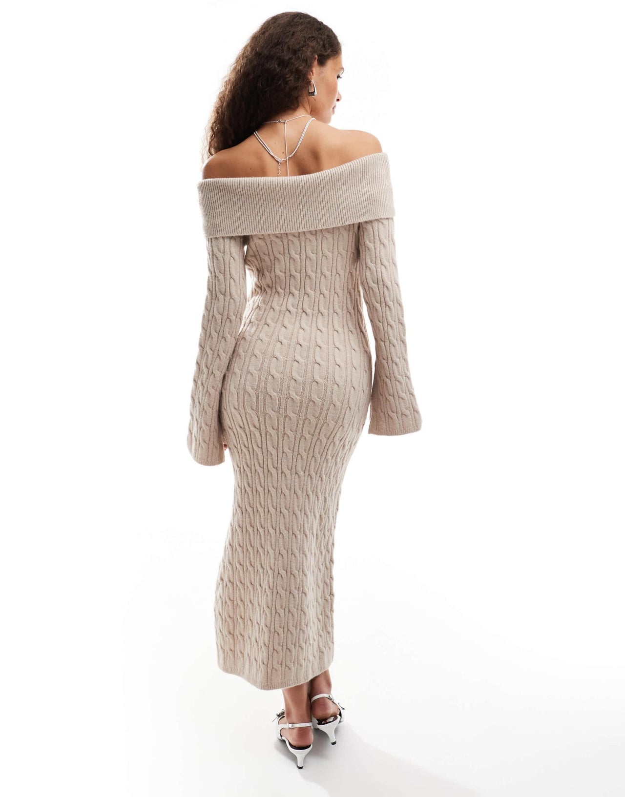 Emory Park cable knit off-shoulder chunky knitted dress in oatmeal - ASOS Sample Sale