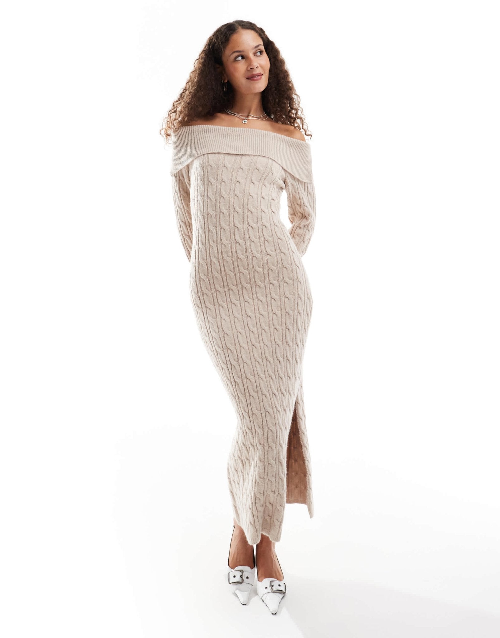 Emory Park cable knit off-shoulder chunky knitted dress in oatmeal - ASOS Sample Sale