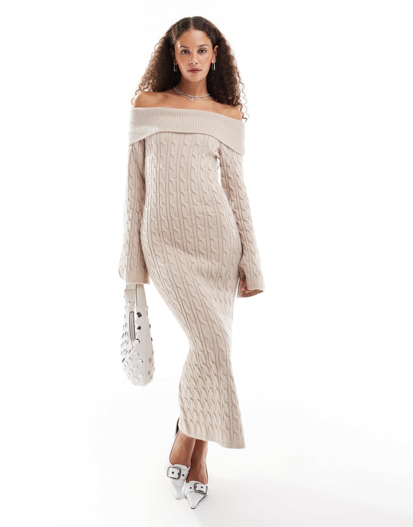 Emory Park cable knit off-shoulder chunky knitted dress in oatmeal - ASOS Sample Sale