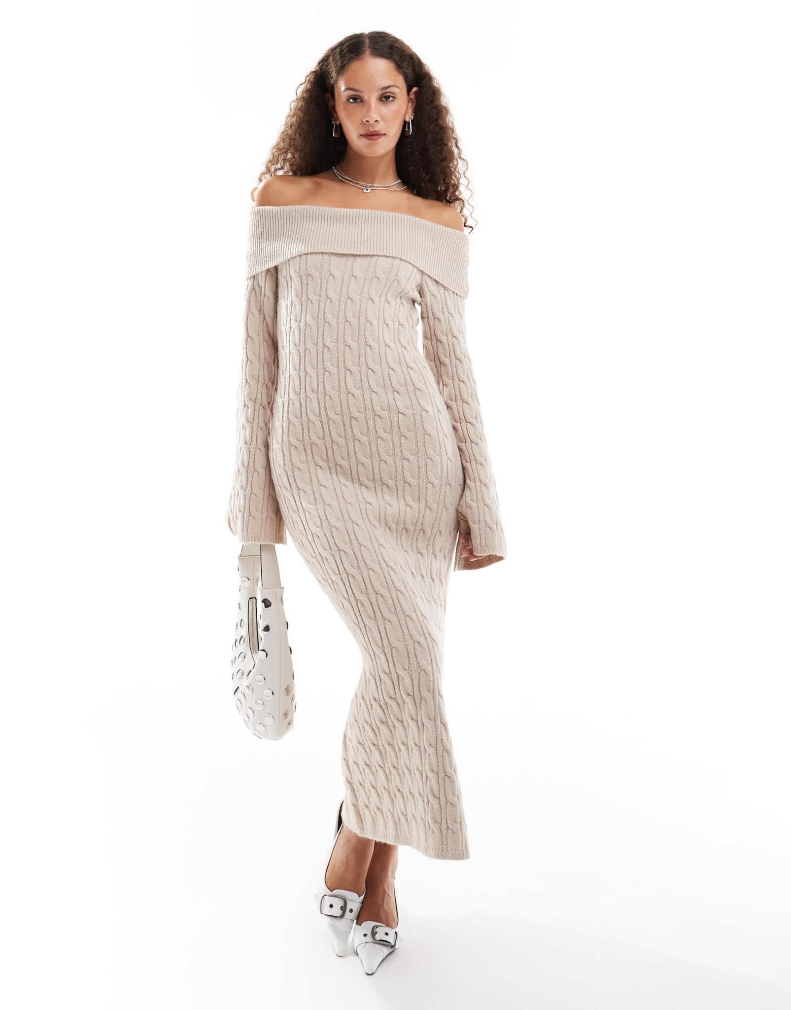 Emory Park cable knit off-shoulder chunky knitted dress in oatmeal - ASOS Sample Sale