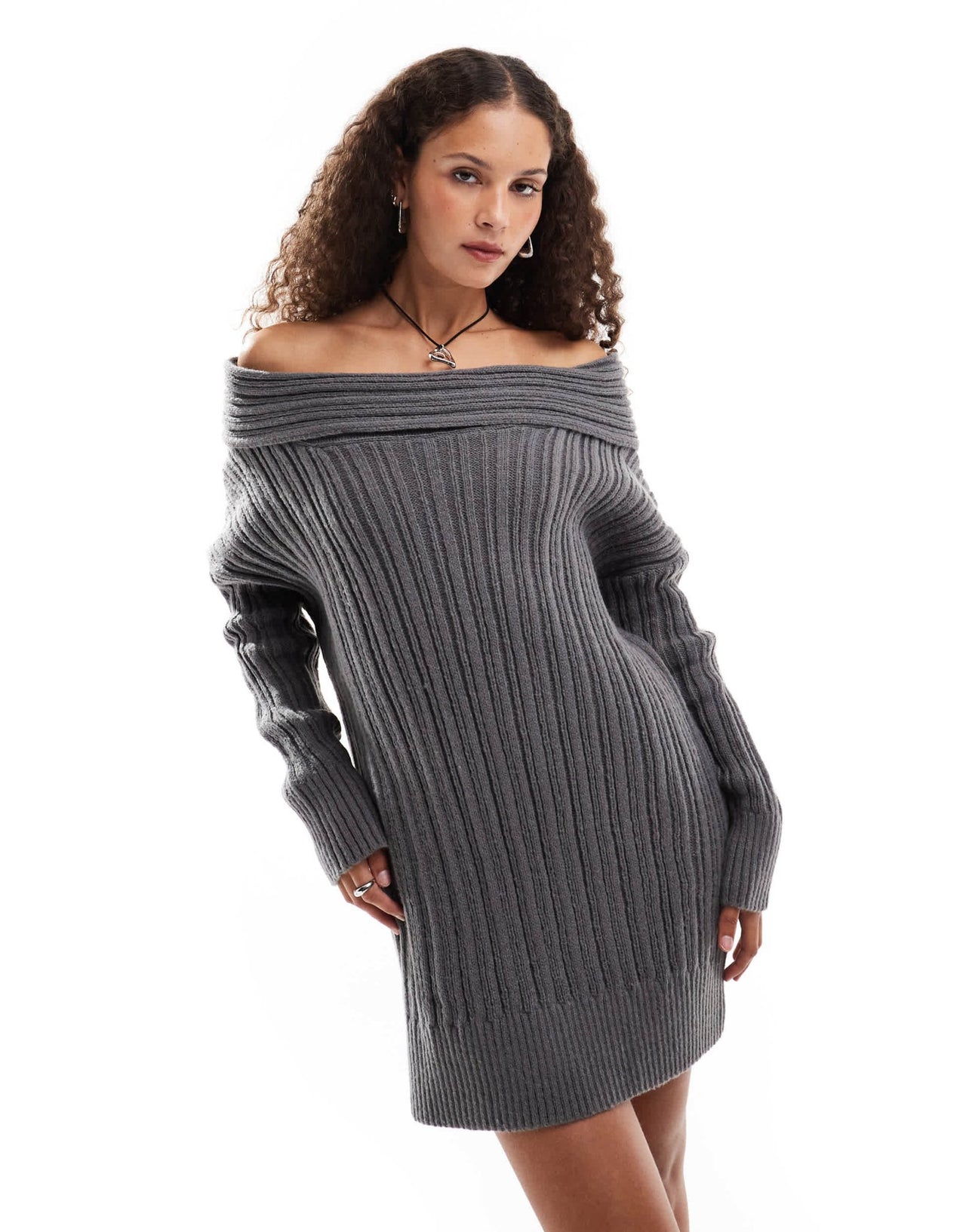 Emory Park chunky cable knit off-shoulder knitted mini dress in charcoal - ASOS Sample Sale