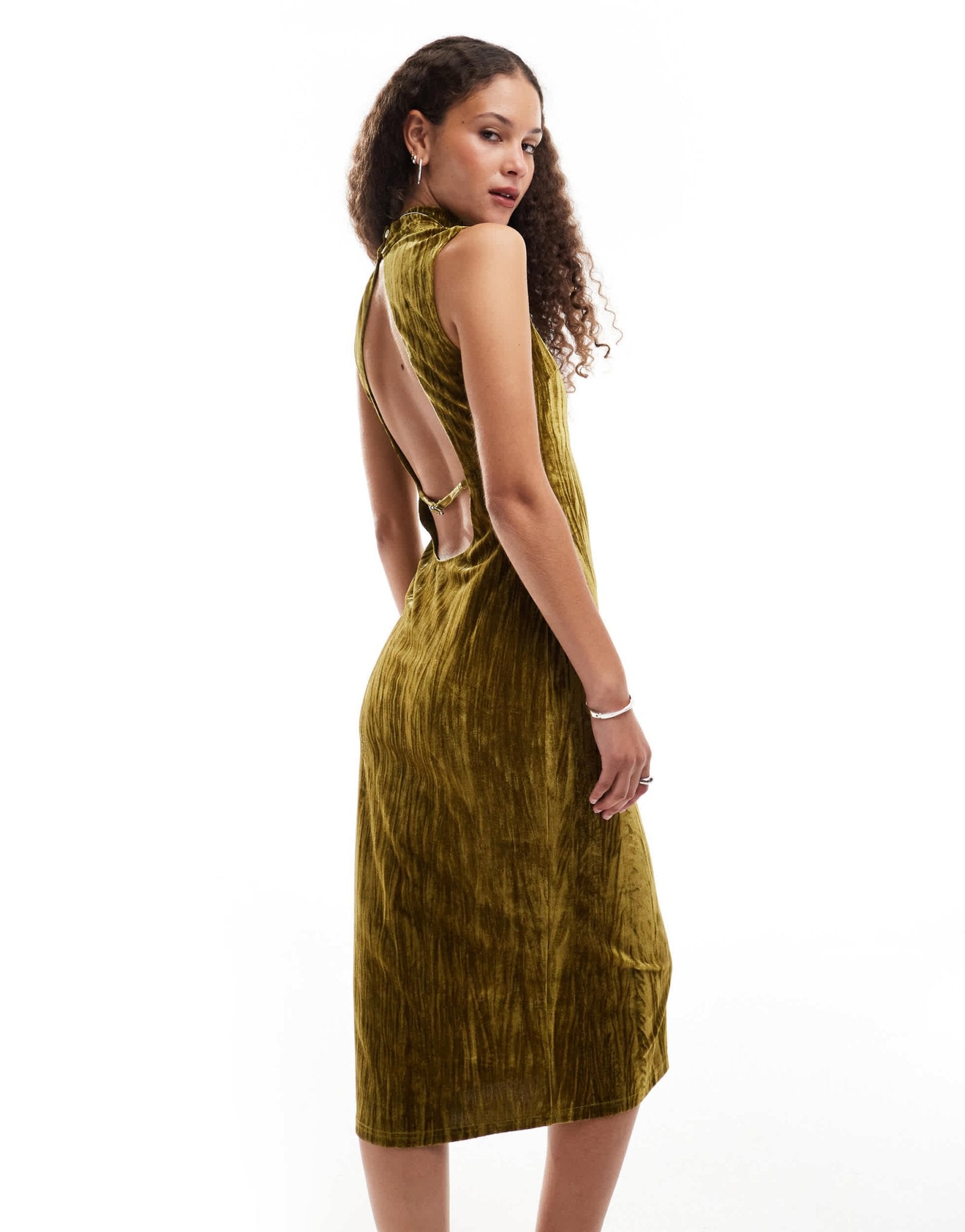 Emory Park crinkle velvet high - neck backless midi dress in avocado - ASOS Sample Sale
