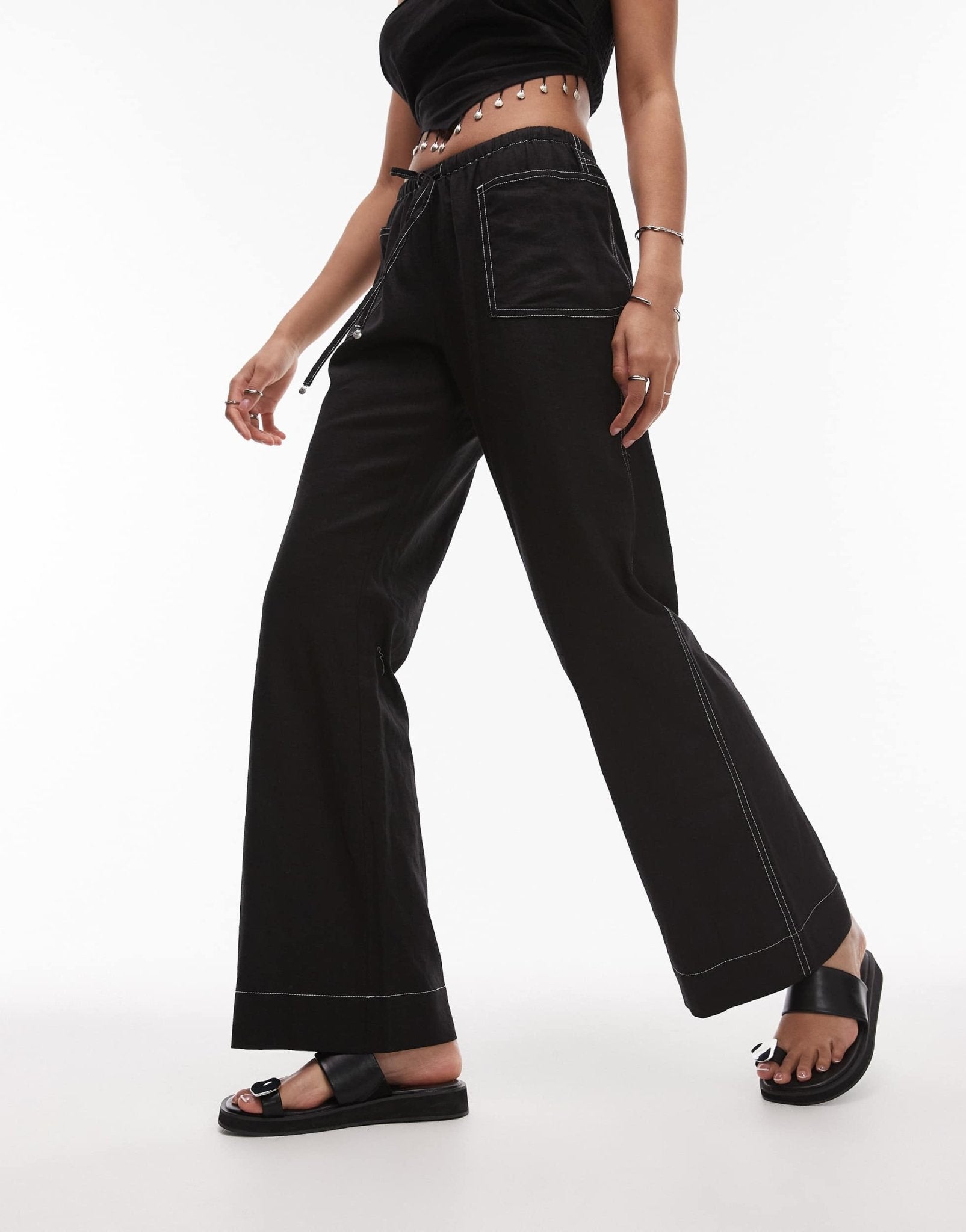 Emory Park drawstring wide leg linen trousers in black - ASOS Sample Sale