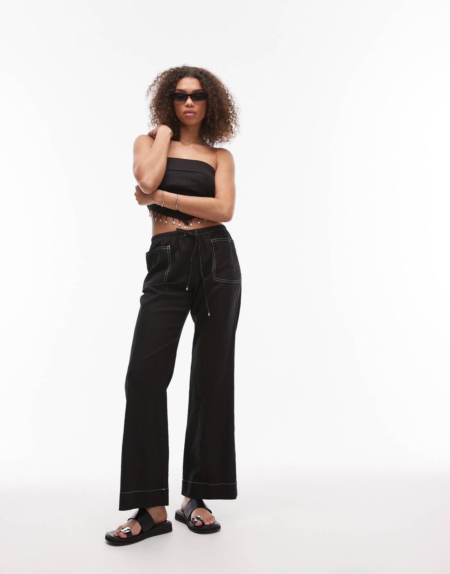 Emory Park drawstring wide leg linen trousers in black - ASOS Sample Sale