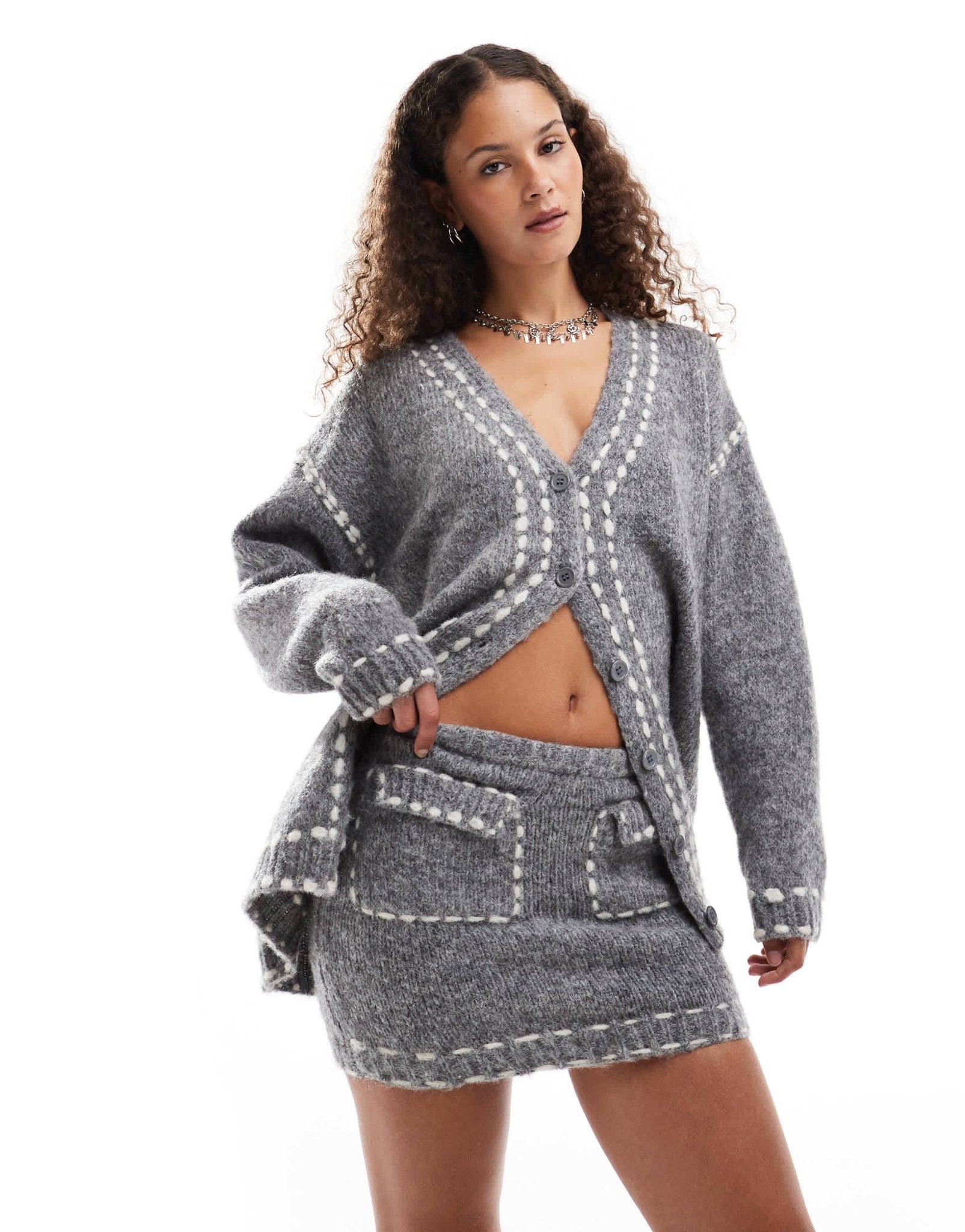 Emory Park stitch detail knitted mini skirt co - ord in grey - ASOS Sample Sale