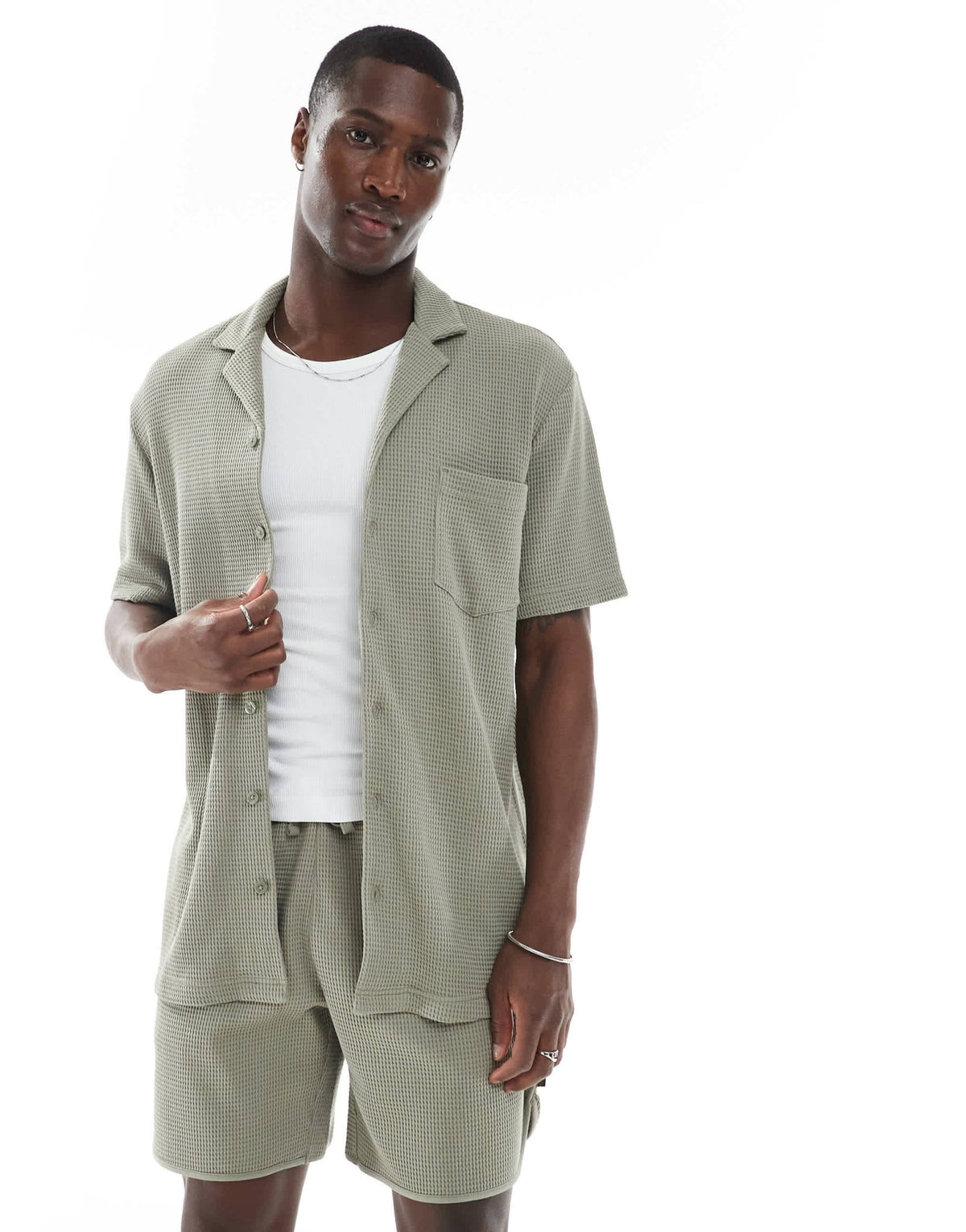 Emporio Armani Bodywear logo lounge waffle shirt in khaki green co-ord - ASOS Sample Sale