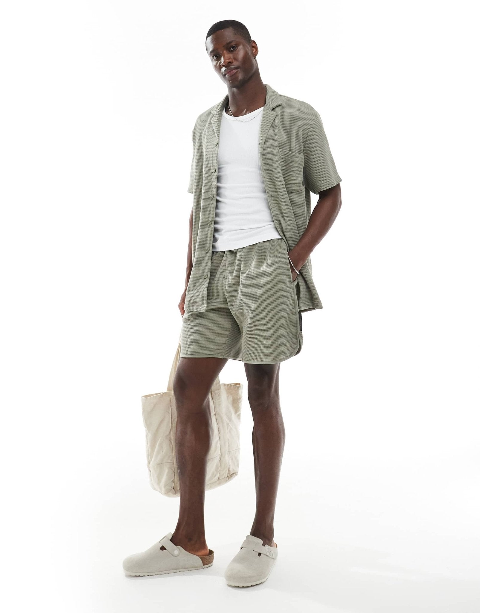 Emporio Armani Bodywear logo lounge waffle shorts in khaki green co-ord - ASOS Sample Sale