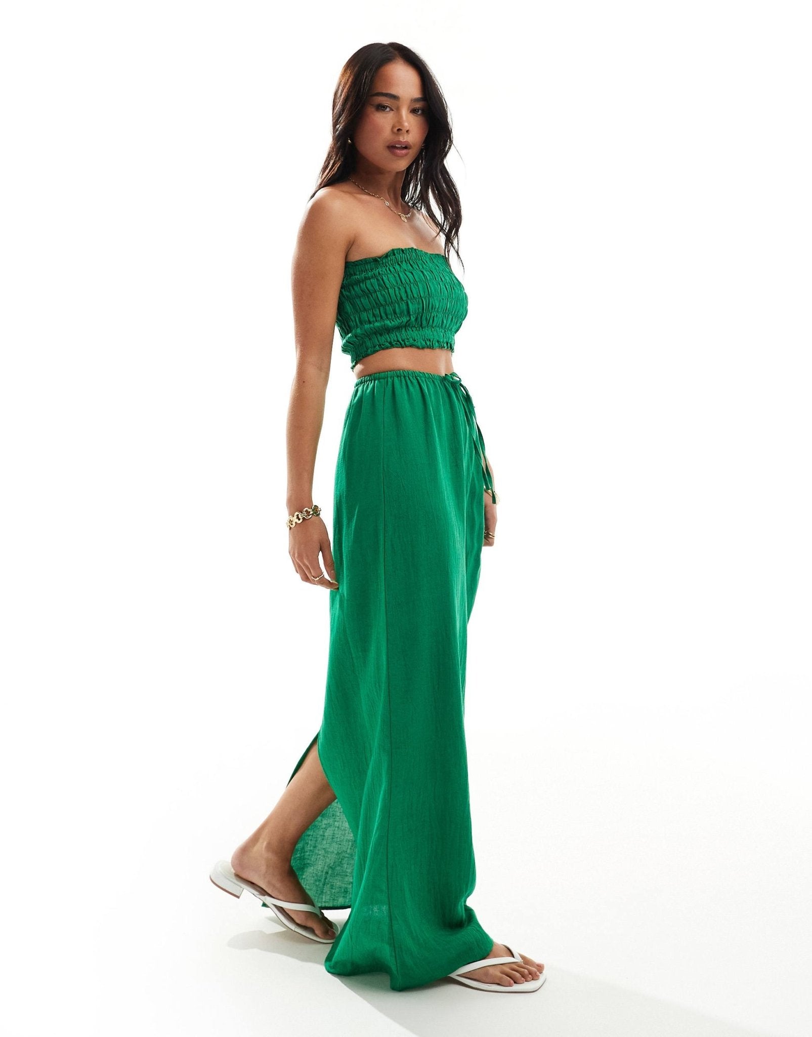 Esmee bandeau beach crop top co - ord in green linen - ASOS Sample Sale