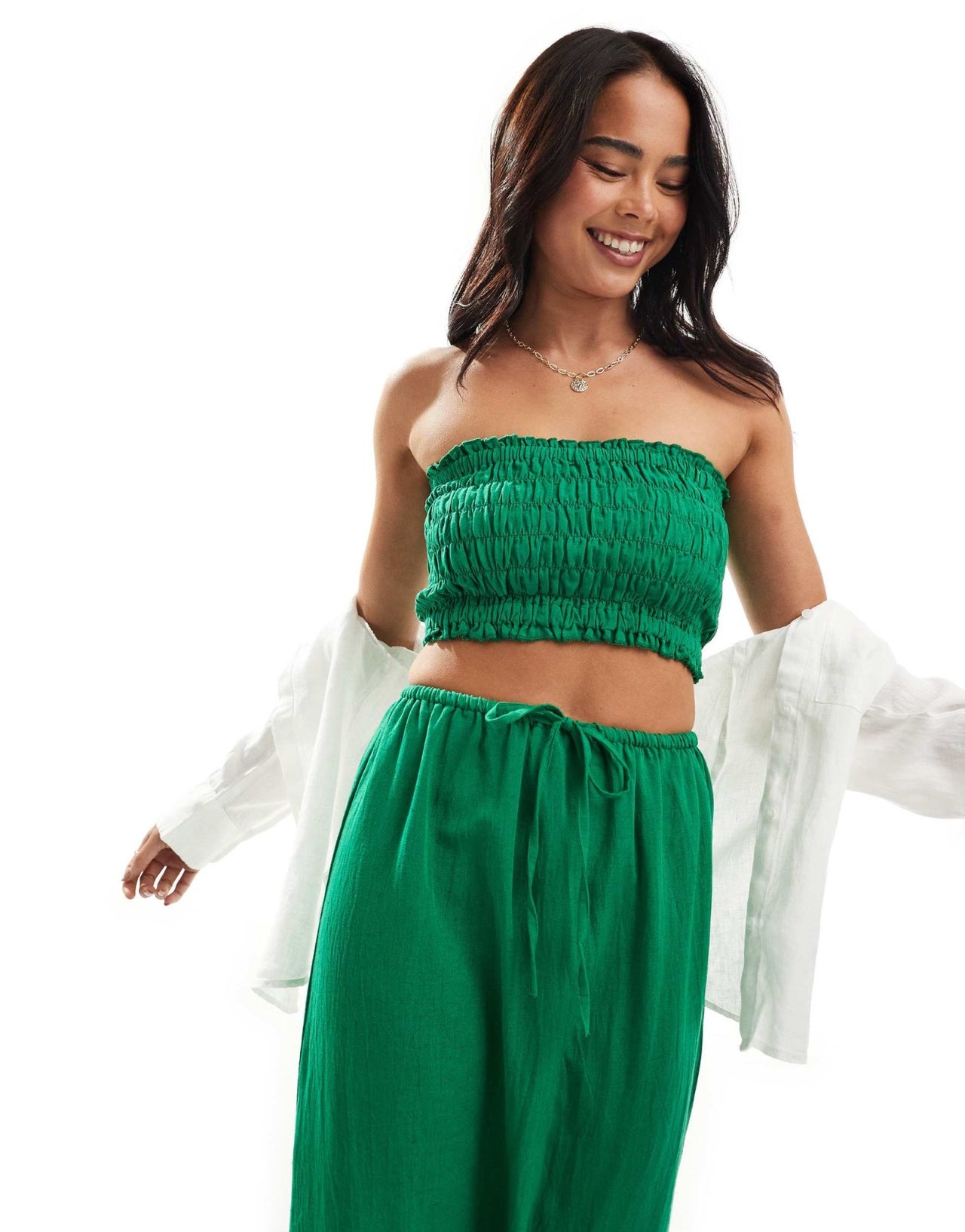 Esmee bandeau beach crop top co - ord in green linen - ASOS Sample Sale