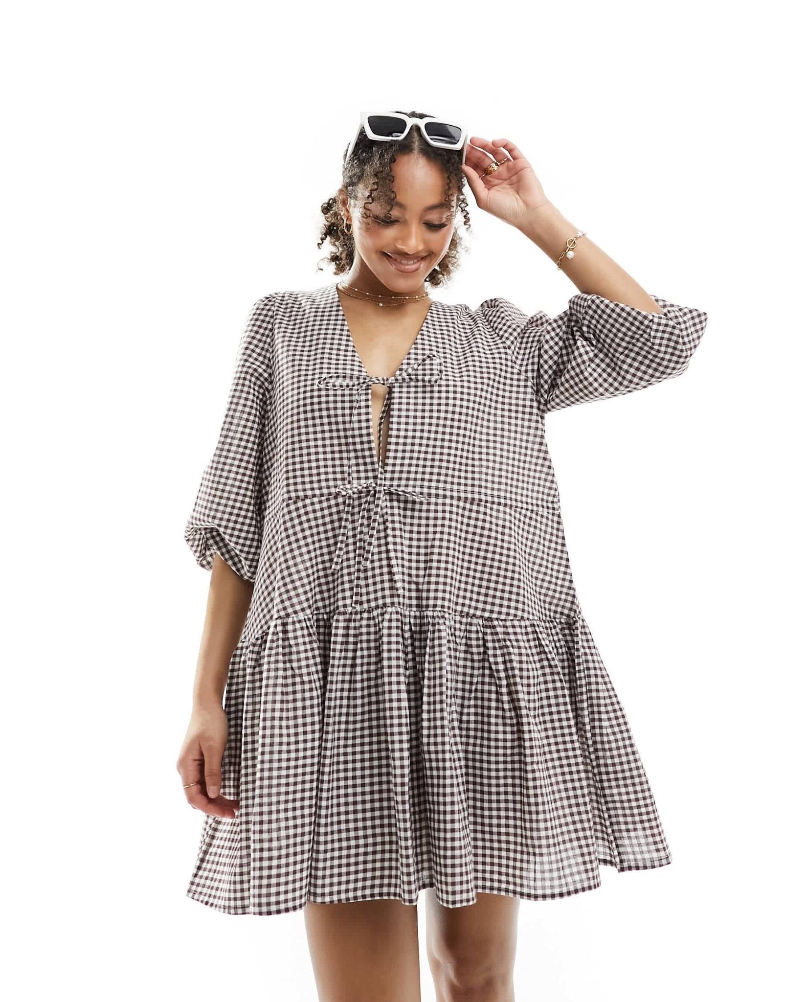 Esmee beach tiered smock mini dress with tie front detail in dark brown gingham - ASOS Sample Sale