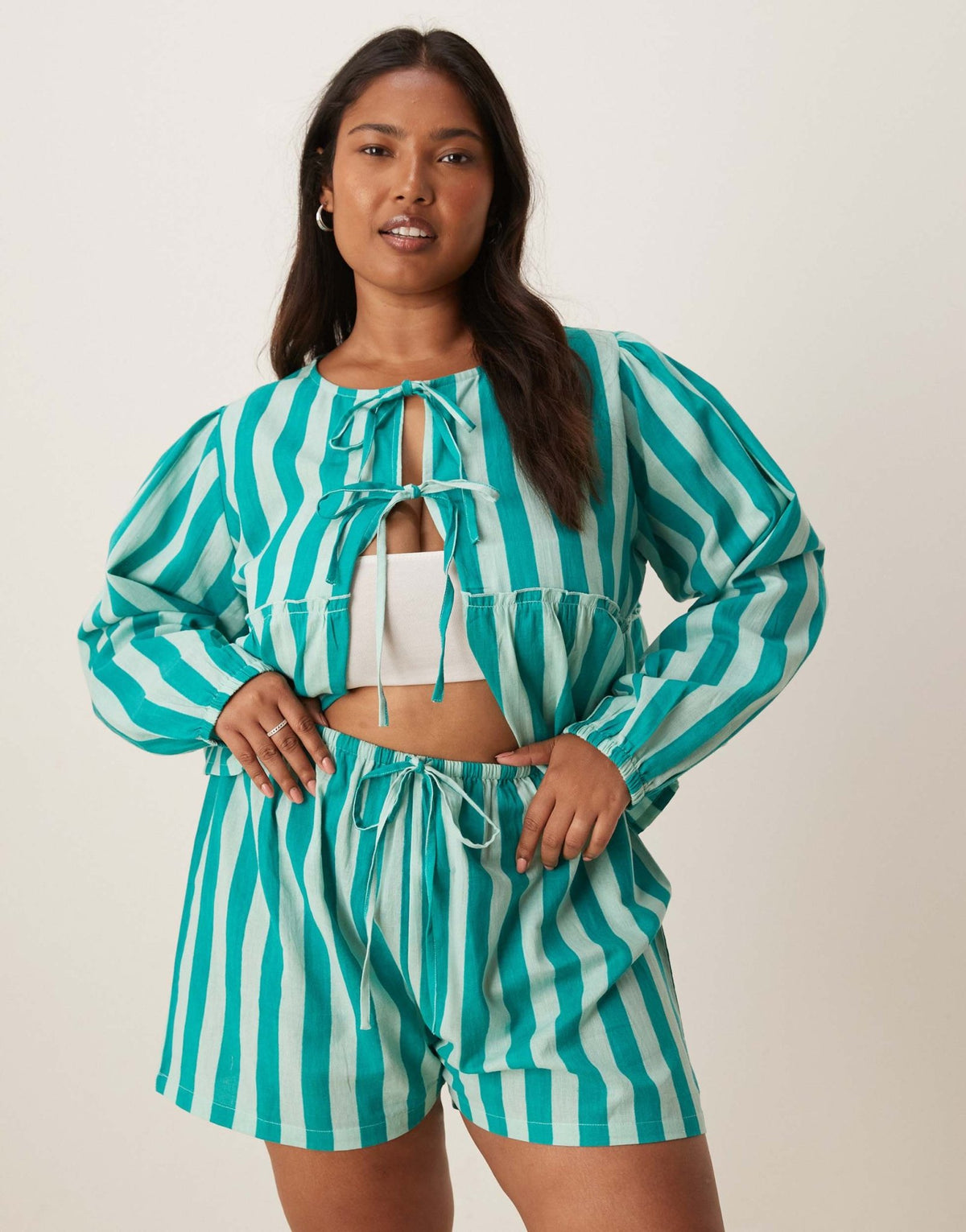 Esmee Curve Exclusive beach short co-ord in green stripe - ASOS Sample Sale