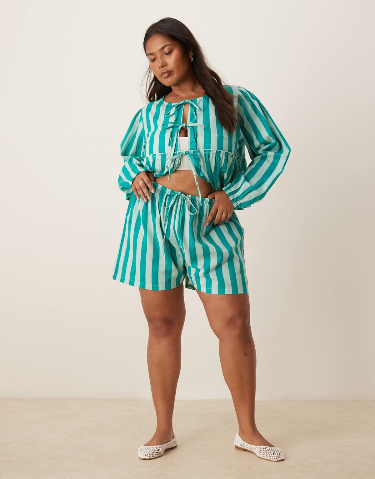 Esmee Curve Exclusive beach short co-ord in green stripe - ASOS Sample Sale