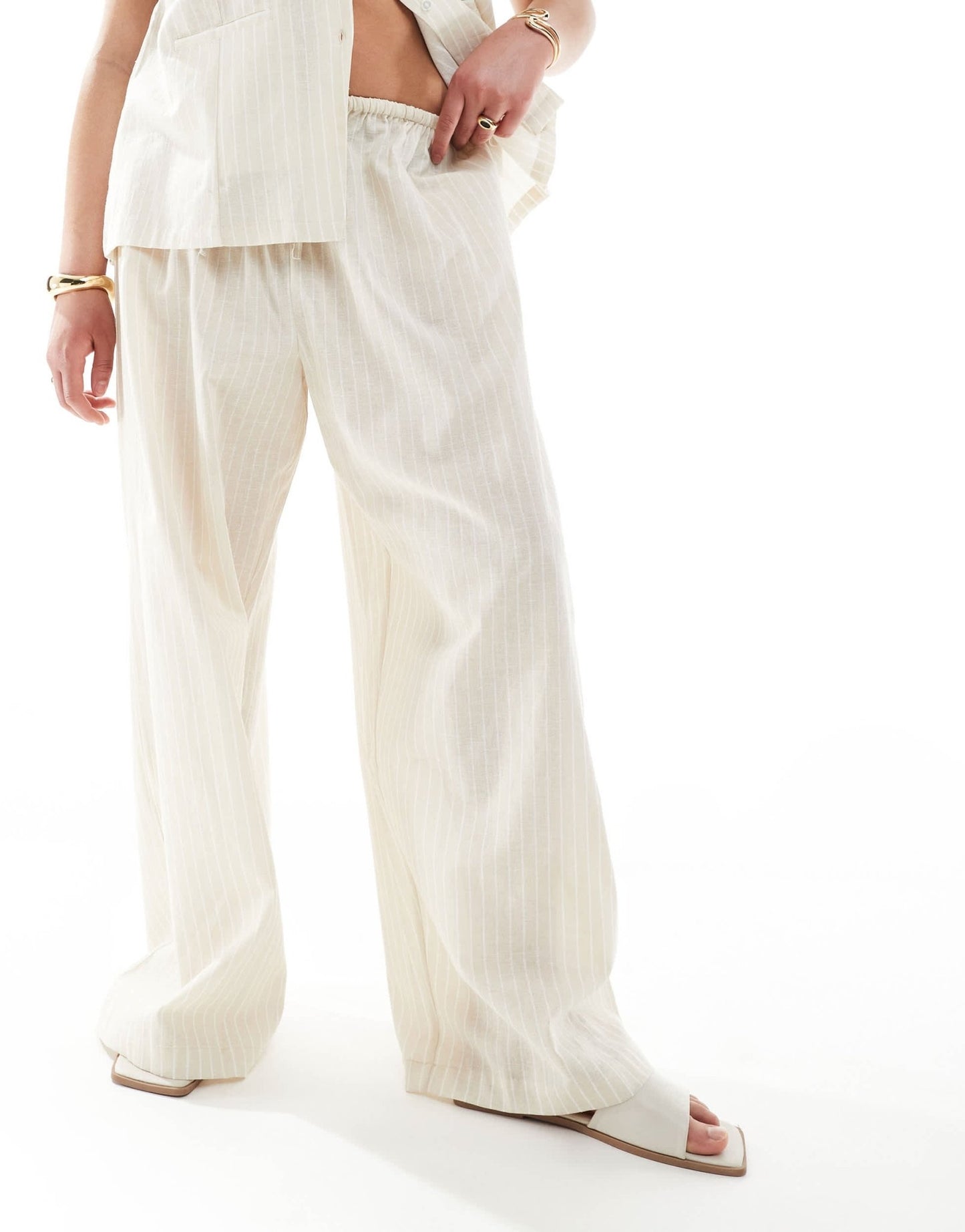 Esmee Curve Exclusive beach trouser co-ord in beige and white stripe - ASOS Sample Sale