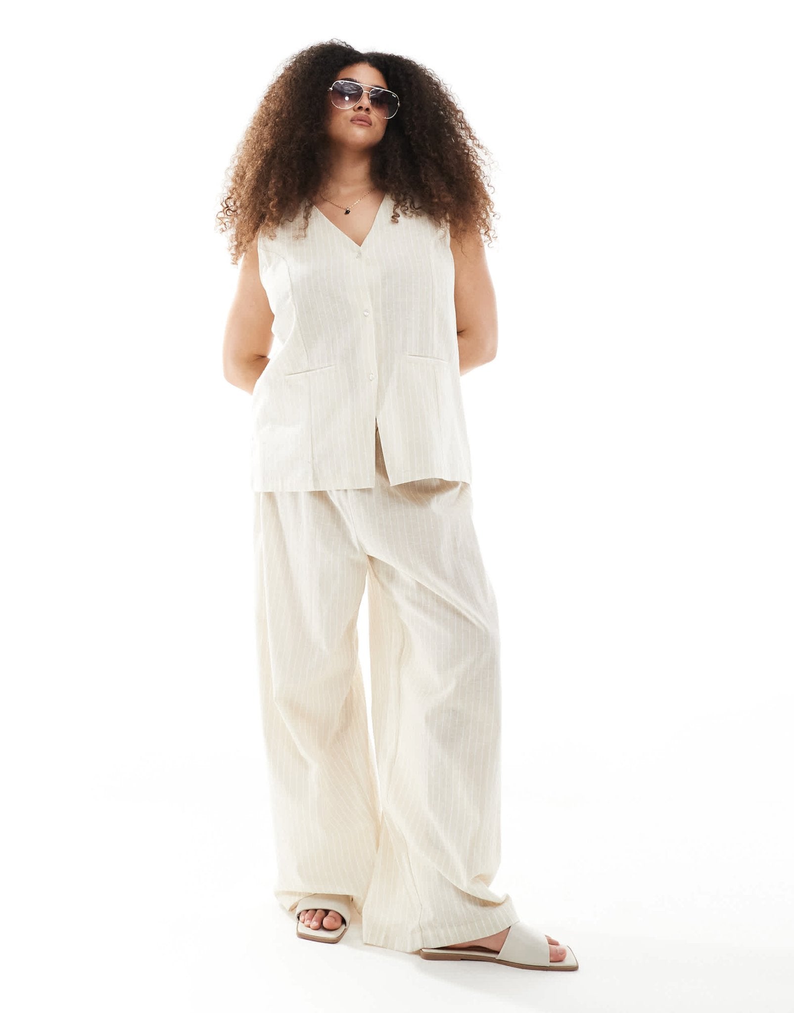 Esmee Curve Exclusive beach trouser co-ord in beige and white stripe - ASOS Sample Sale