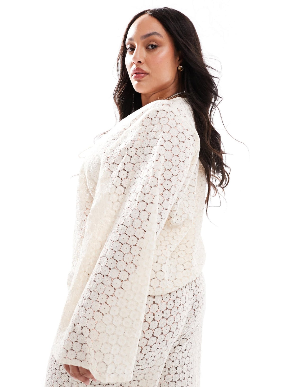 Esmee Curve Exclusive crochet long sleeve tie front beach shirt co - ord in cream - ASOS Sample Sale