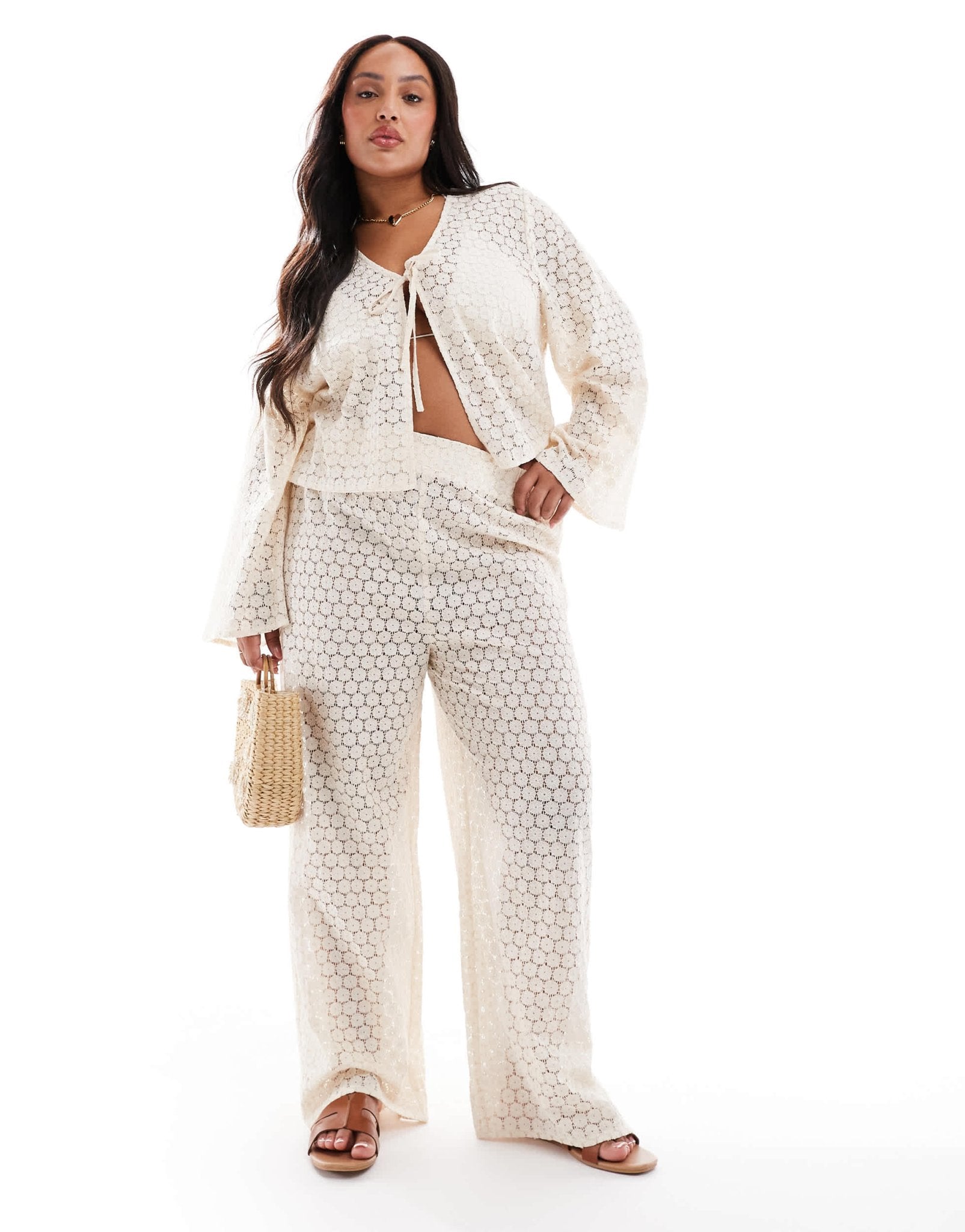 Esmee Curve Exclusive crochet long sleeve tie front beach shirt co - ord in cream - ASOS Sample Sale