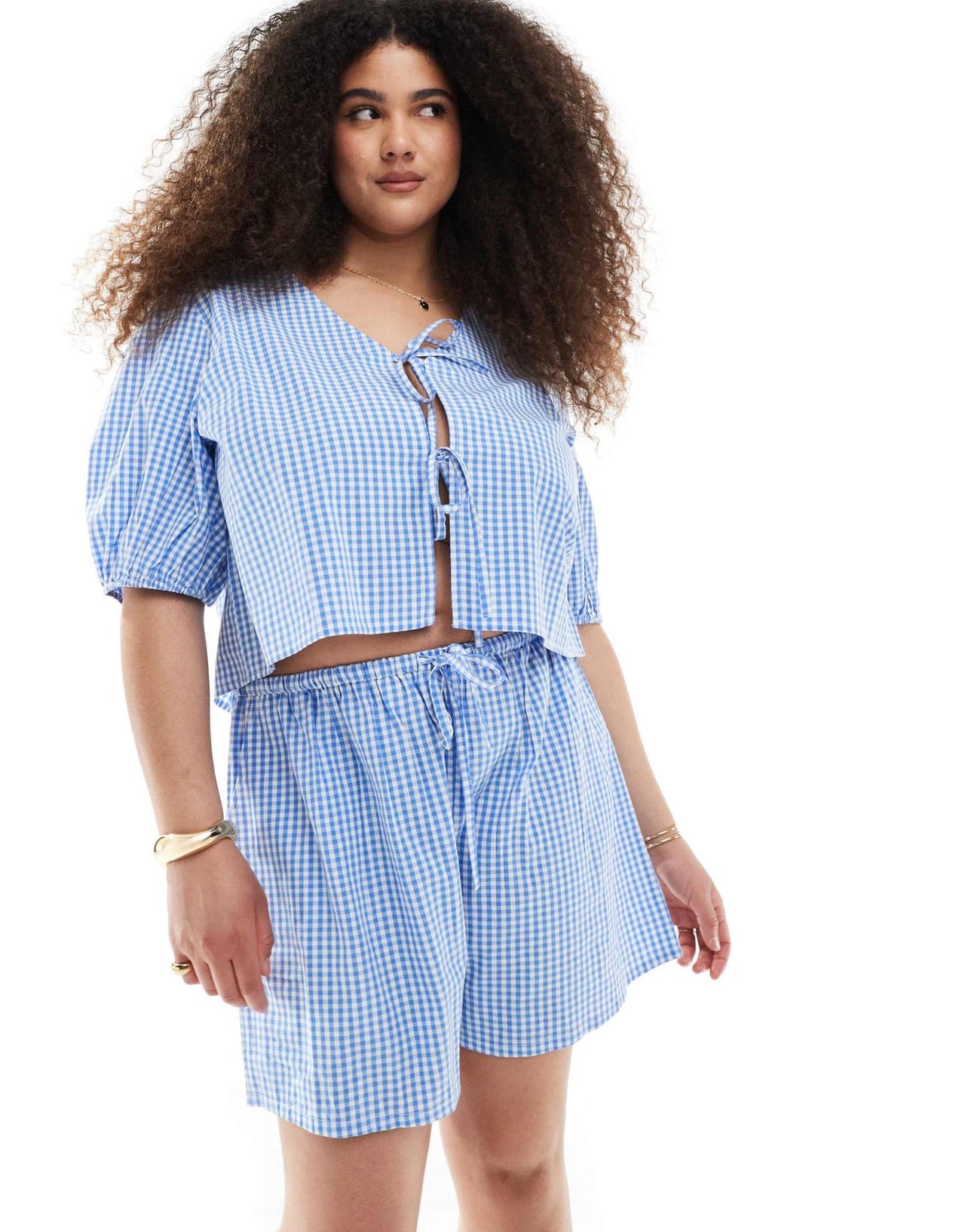 Esmee Curve Exclusive drawstring beach shorts in blue and white gingham - ASOS Sample Sale