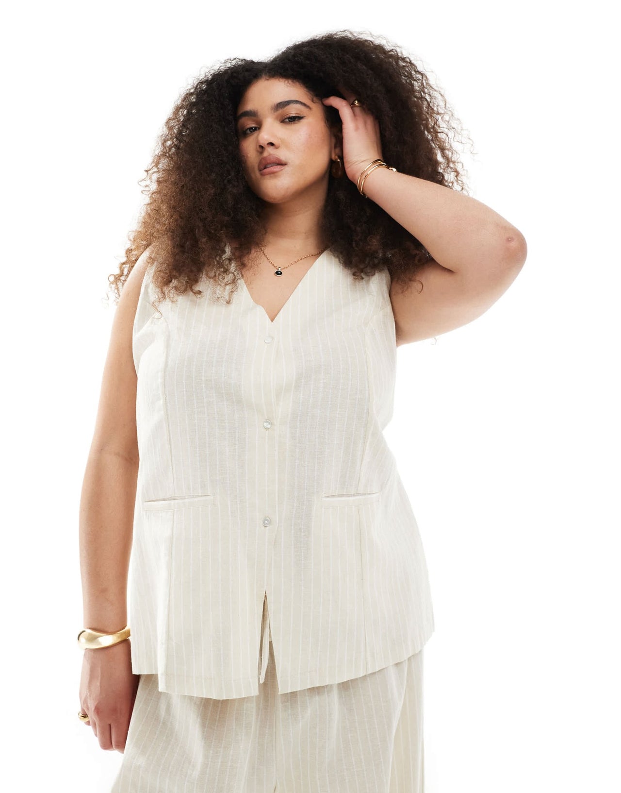 Esmee Curve Exclusive waistcoat co - ord in beige and white stripe - ASOS Sample Sale