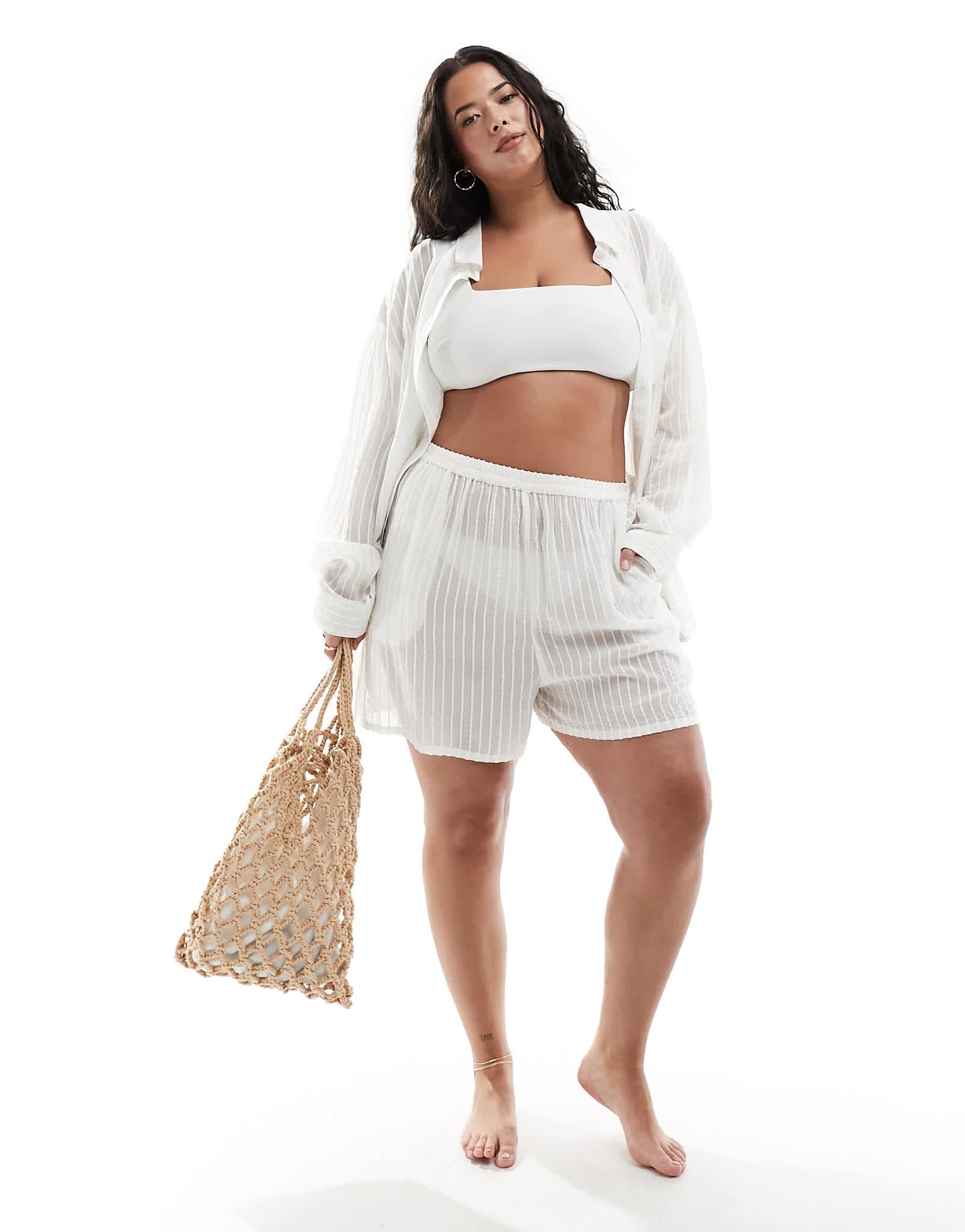 Esmee Curve stripe beach short co - ord in white - ASOS Sample Sale