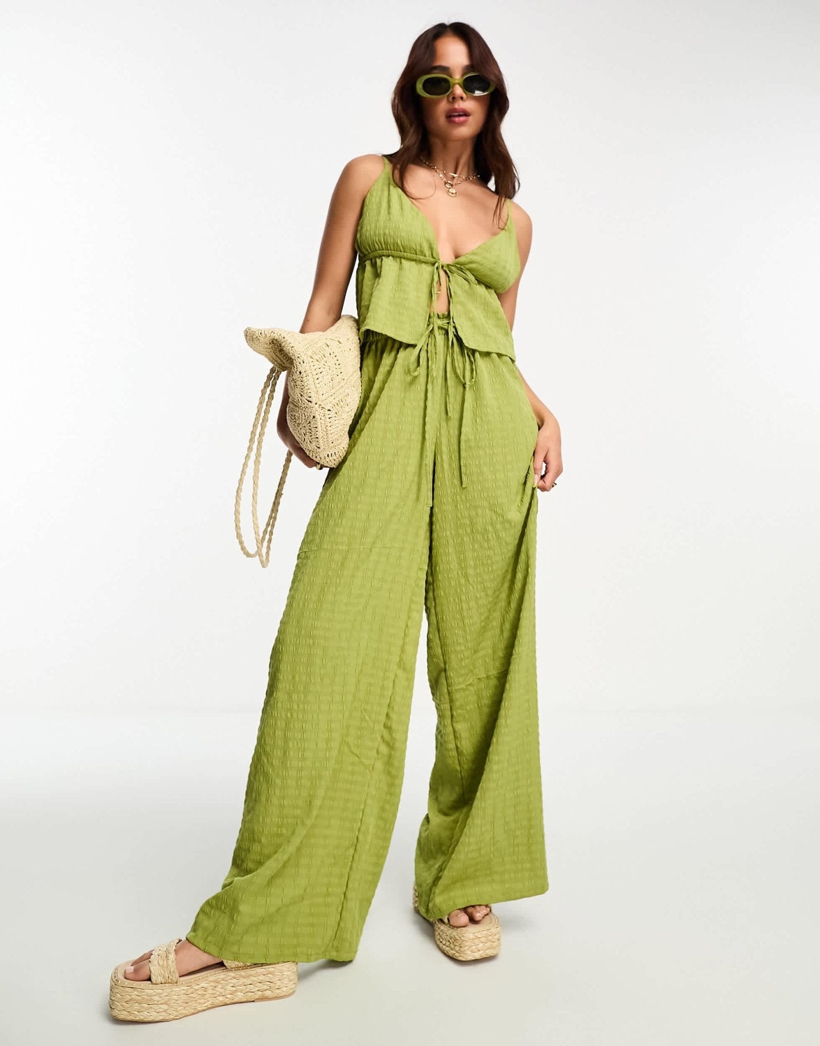 Esmee Exclusive beach textured wide leg trouser co - ord in green - ASOS Sample Sale