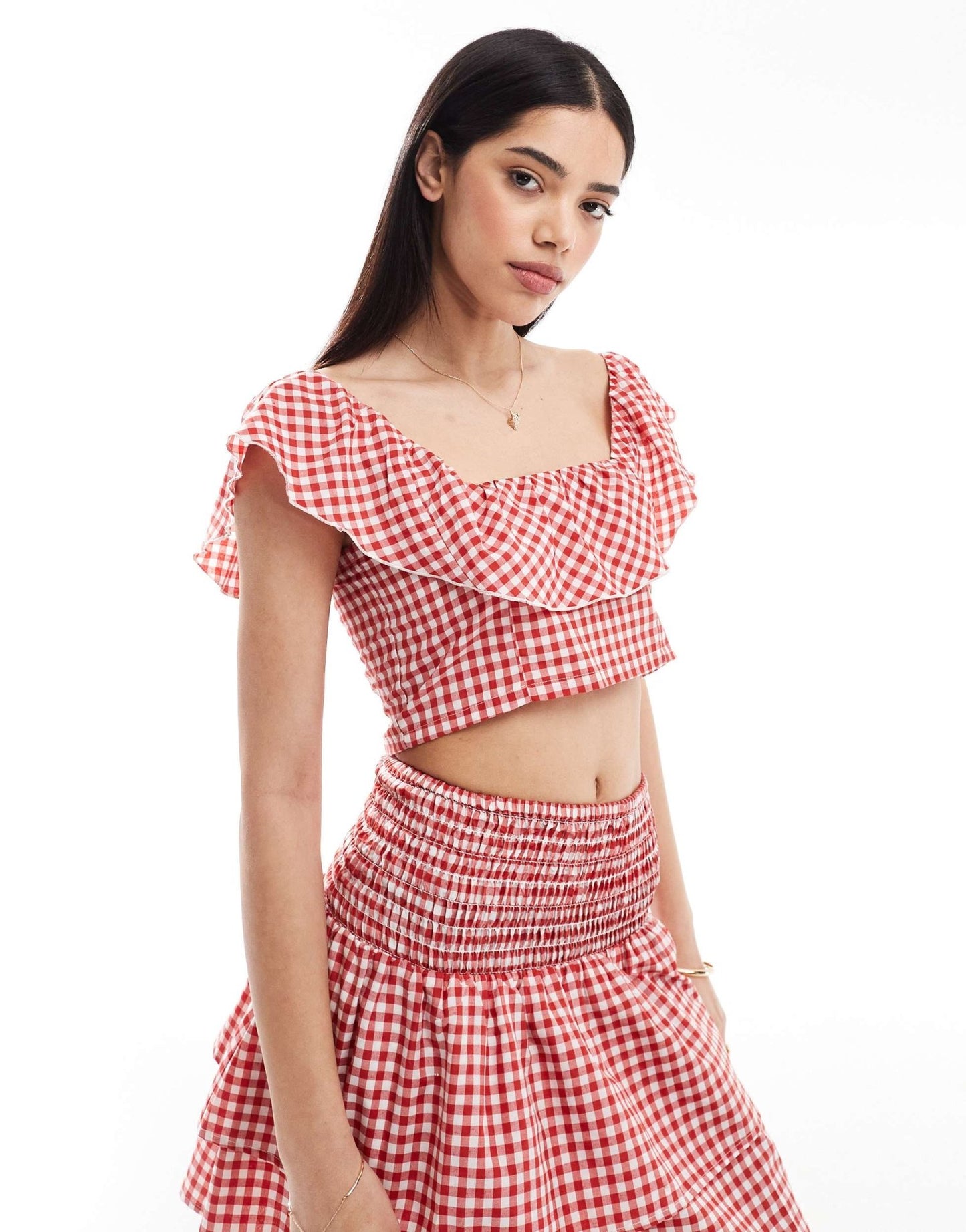 Esmee Exclusive crop beach top with frill detail in red gingham - ASOS Sample Sale