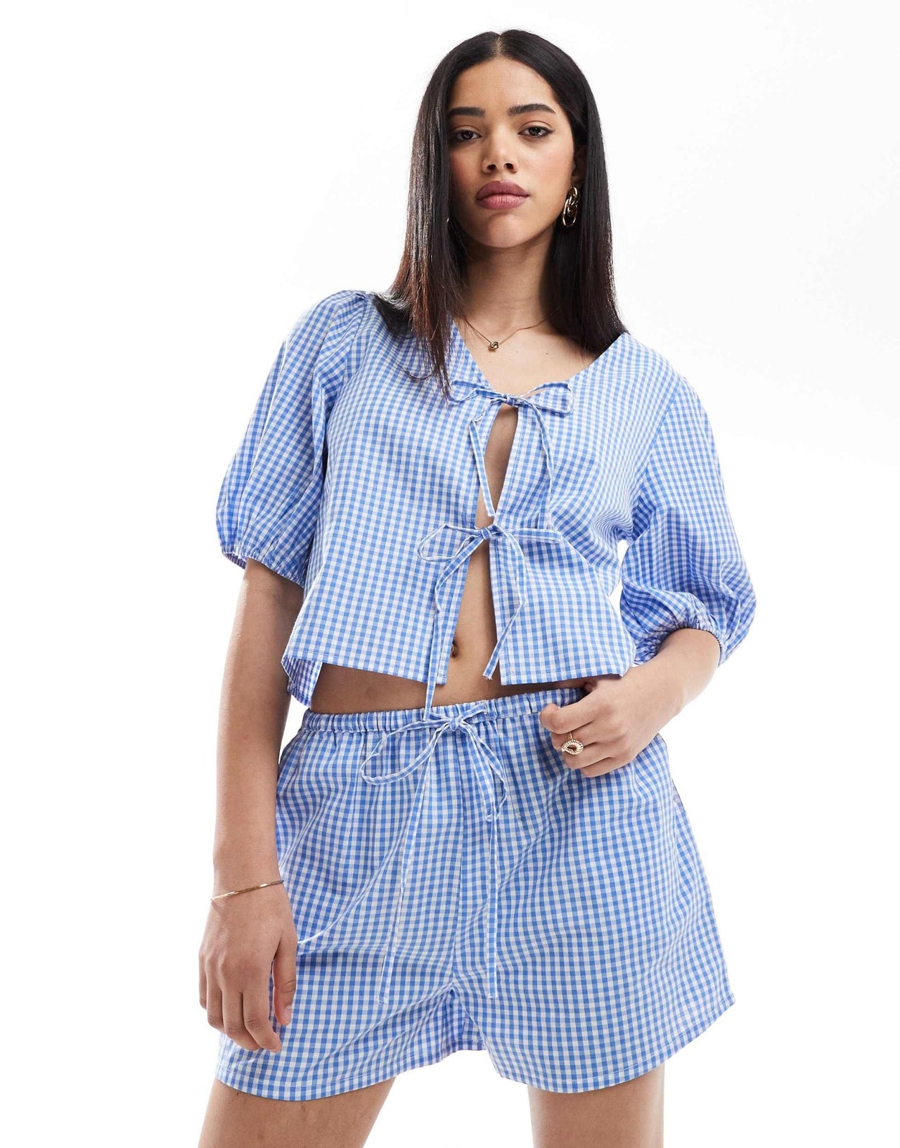 Esmee Exclusive drawstring beach shorts in blue and white gingham - ASOS Sample Sale