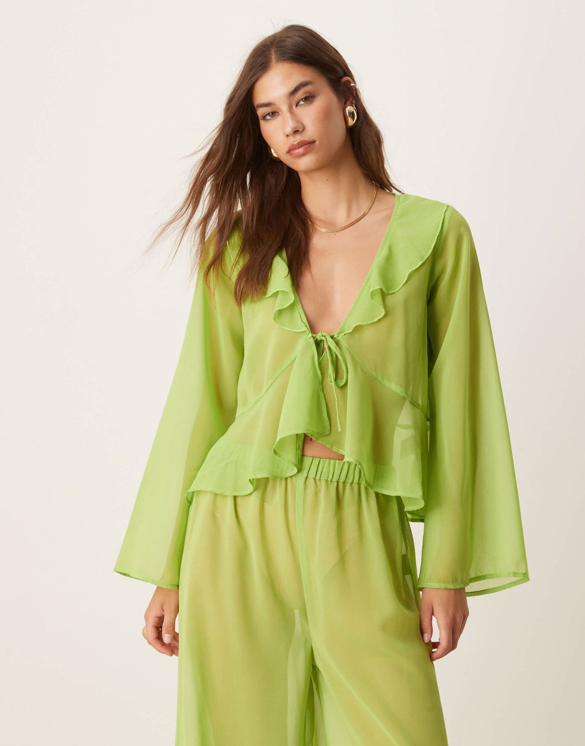 Esmee Exclusive mesh long sleeve beach crop top co-ord with ruffle detail in green - ASOS Sample Sale