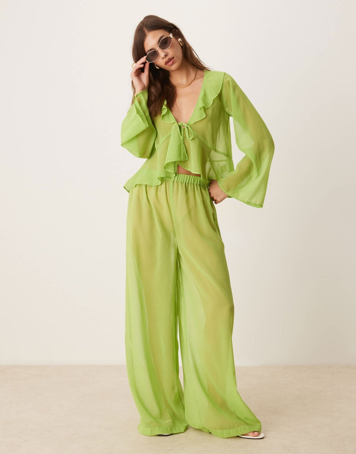 Esmee Exclusive mesh long sleeve beach crop top co-ord with ruffle detail in green - ASOS Sample Sale