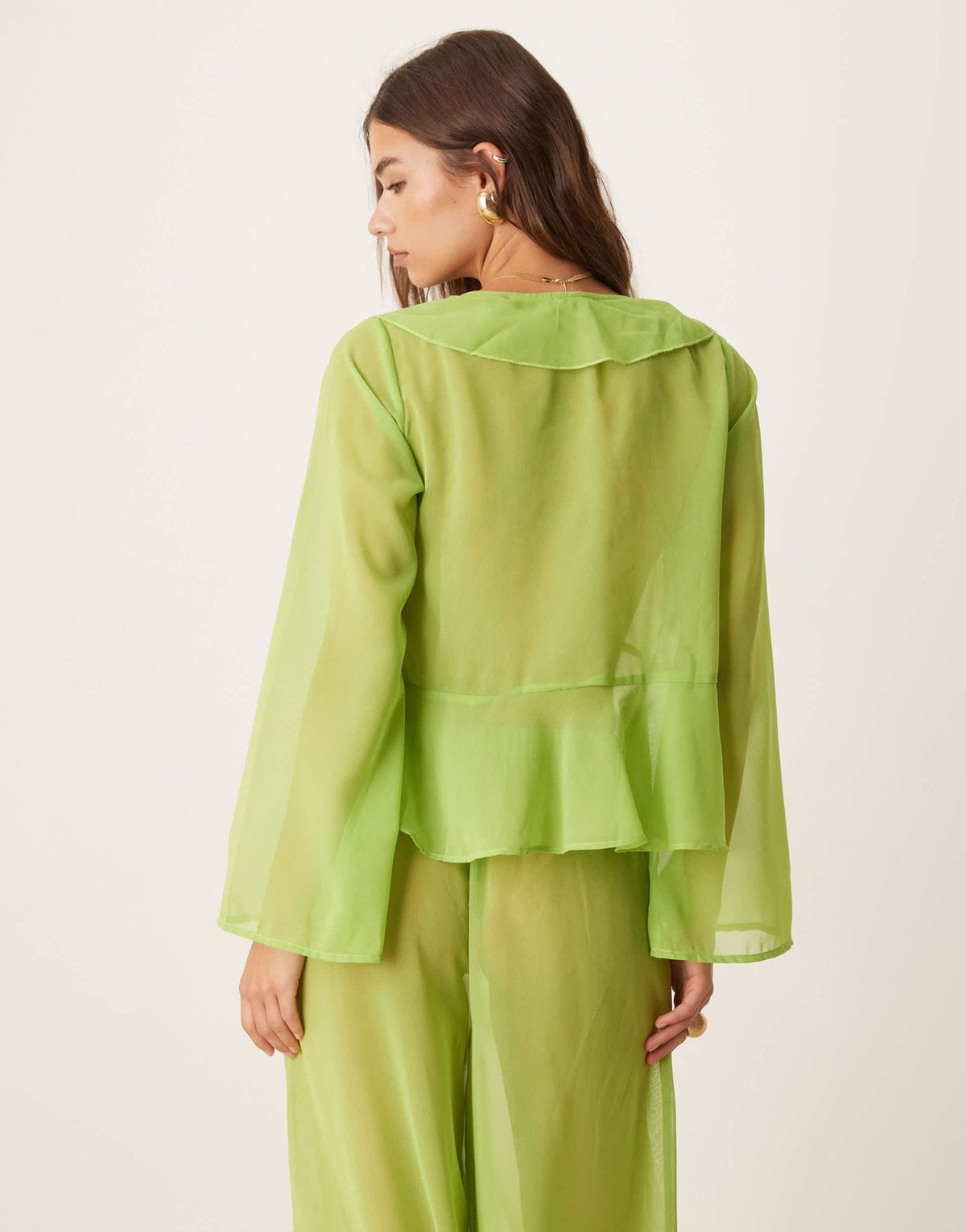 Esmee Exclusive mesh long sleeve beach crop top co-ord with ruffle detail in green - ASOS Sample Sale