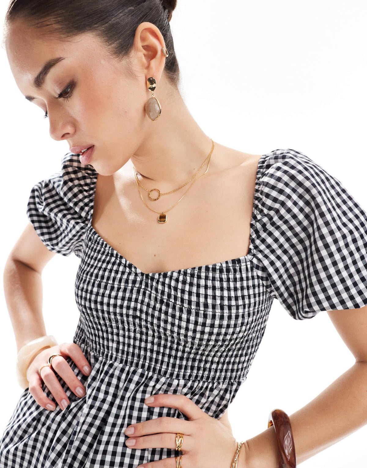 Esmee Exclusive mini puff sleeve beach dress in black and white gingham - ASOS Sample Sale