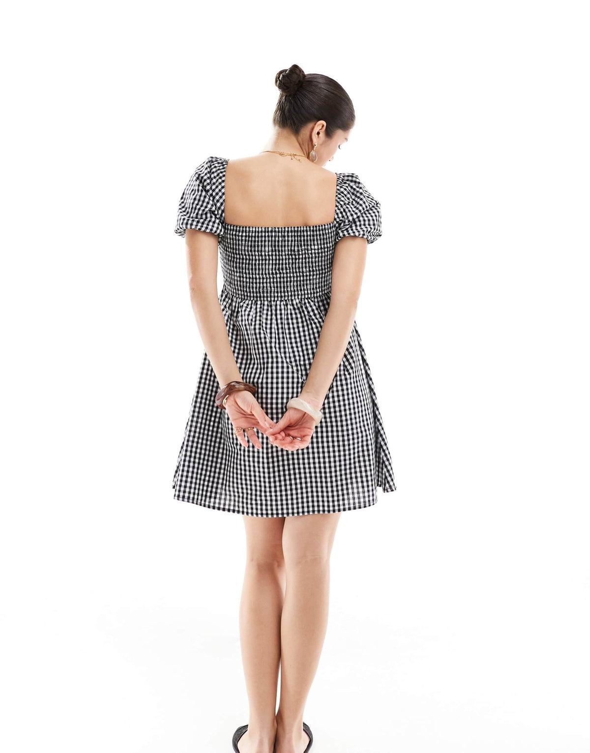 Esmee Exclusive mini puff sleeve beach dress in black and white gingham - ASOS Sample Sale