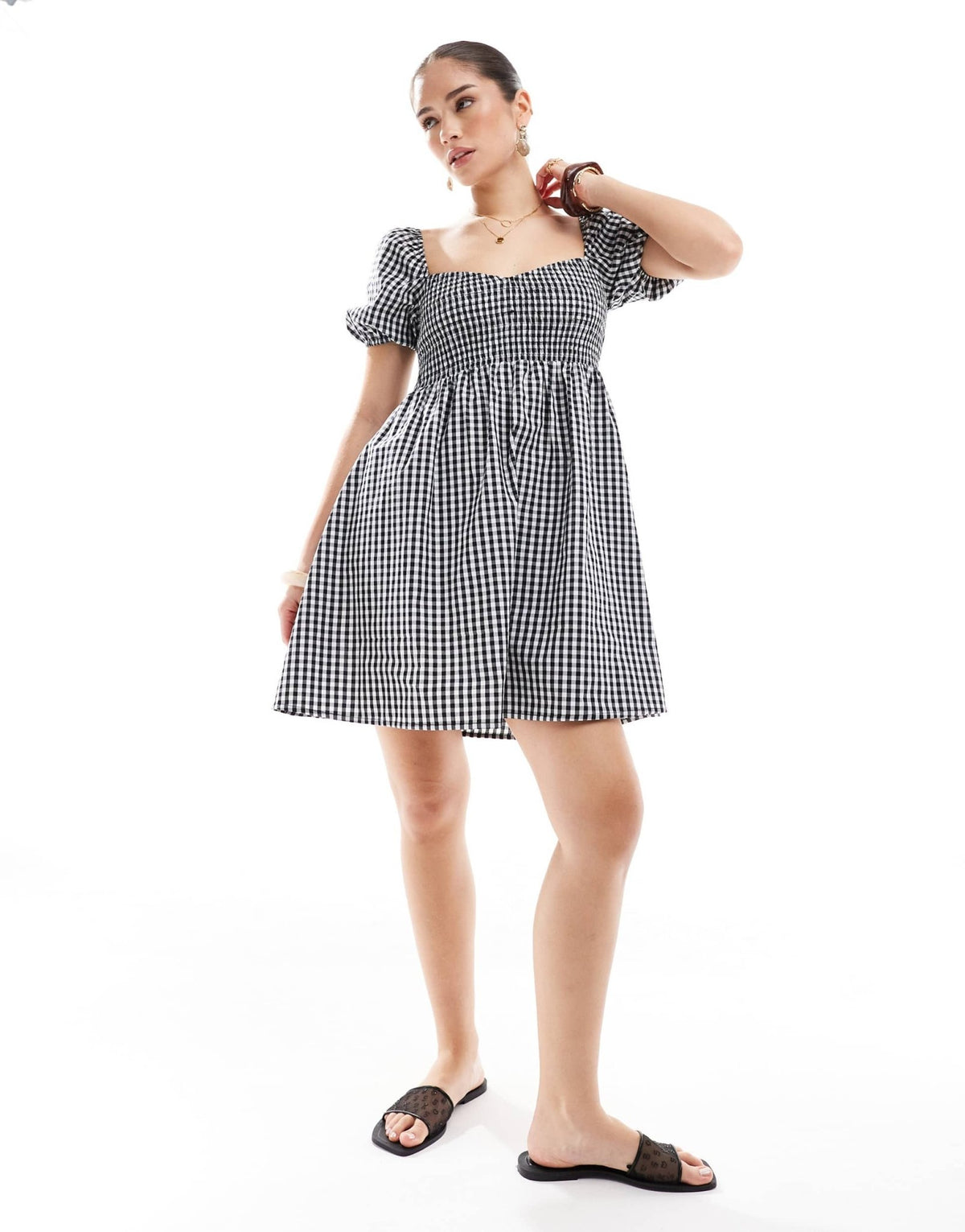 Esmee Exclusive mini puff sleeve beach dress in black and white gingham - ASOS Sample Sale