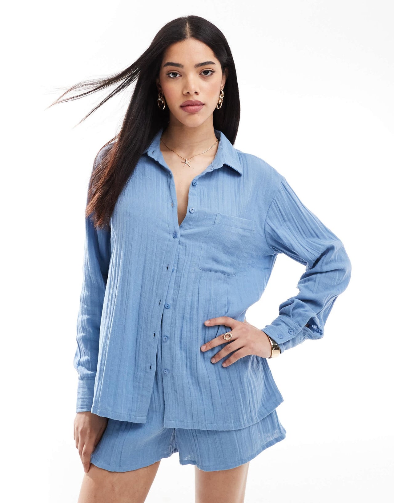 Esmee Exclusive relaxed fit long sleeve beach shirt in dusty blue - ASOS Sample Sale