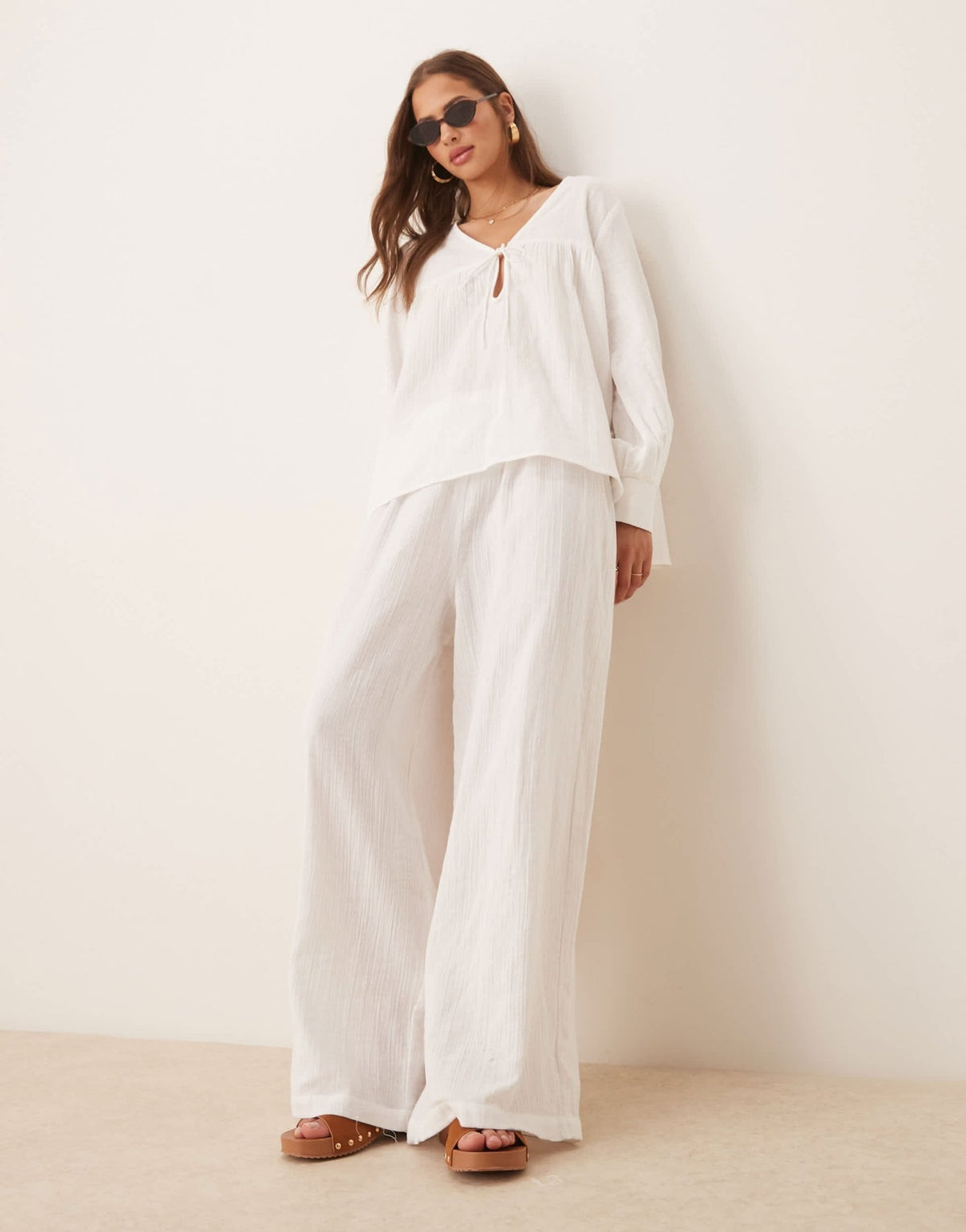 Esmee Exclusive relaxed fit tie front long sleeve beach top in white - ASOS Sample Sale