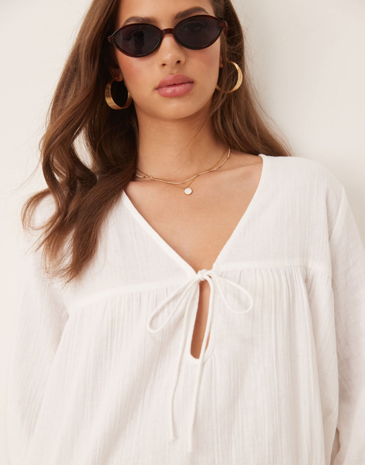 Esmee Exclusive relaxed fit tie front long sleeve beach top in white - ASOS Sample Sale