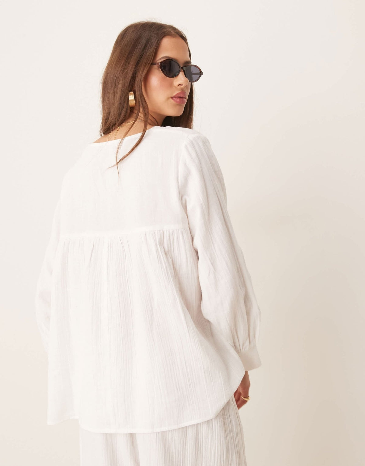 Esmee Exclusive relaxed fit tie front long sleeve beach top in white - ASOS Sample Sale