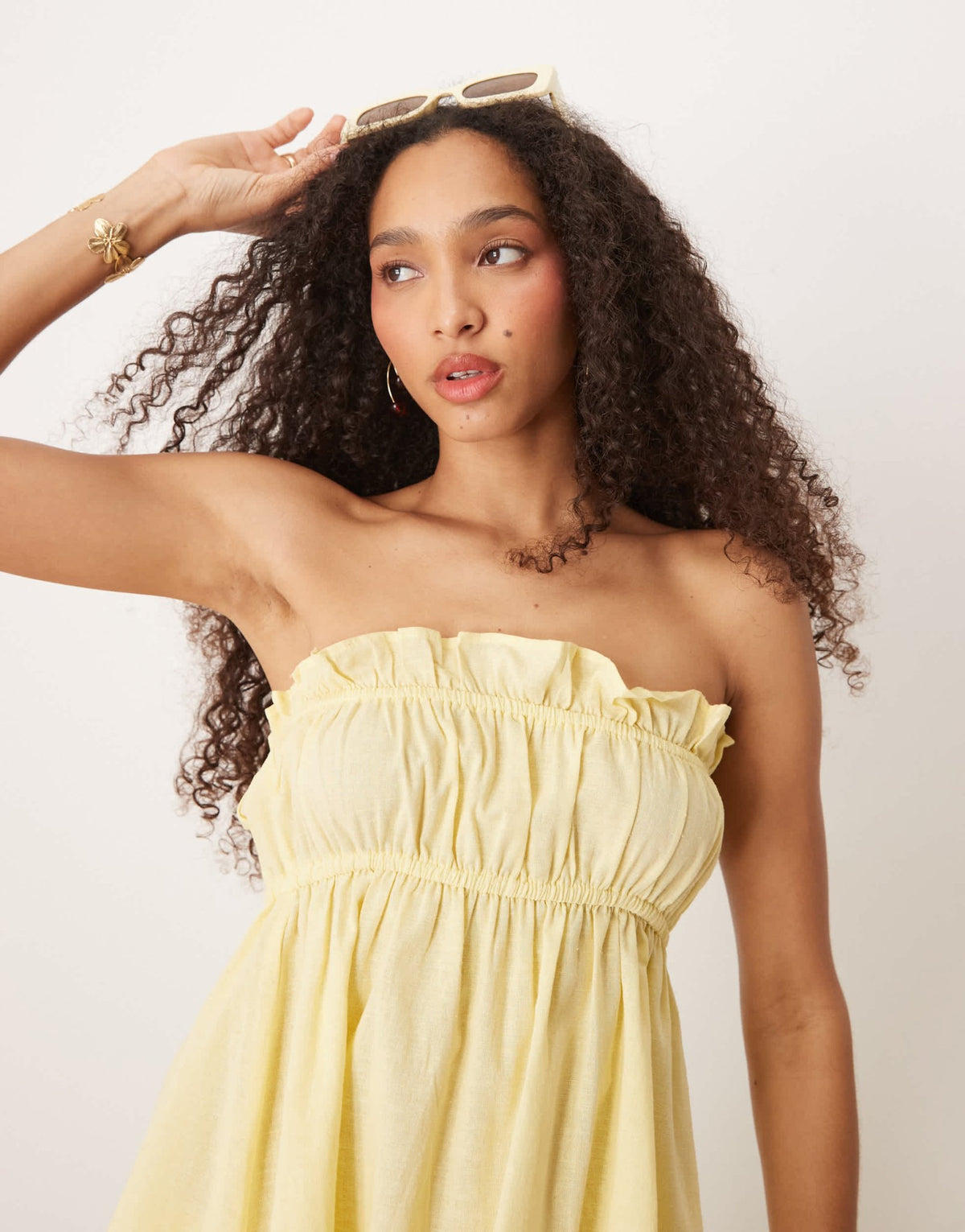 Esmee Exclusive ruched bandeau linen look top in butter yellow - ASOS Sample Sale
