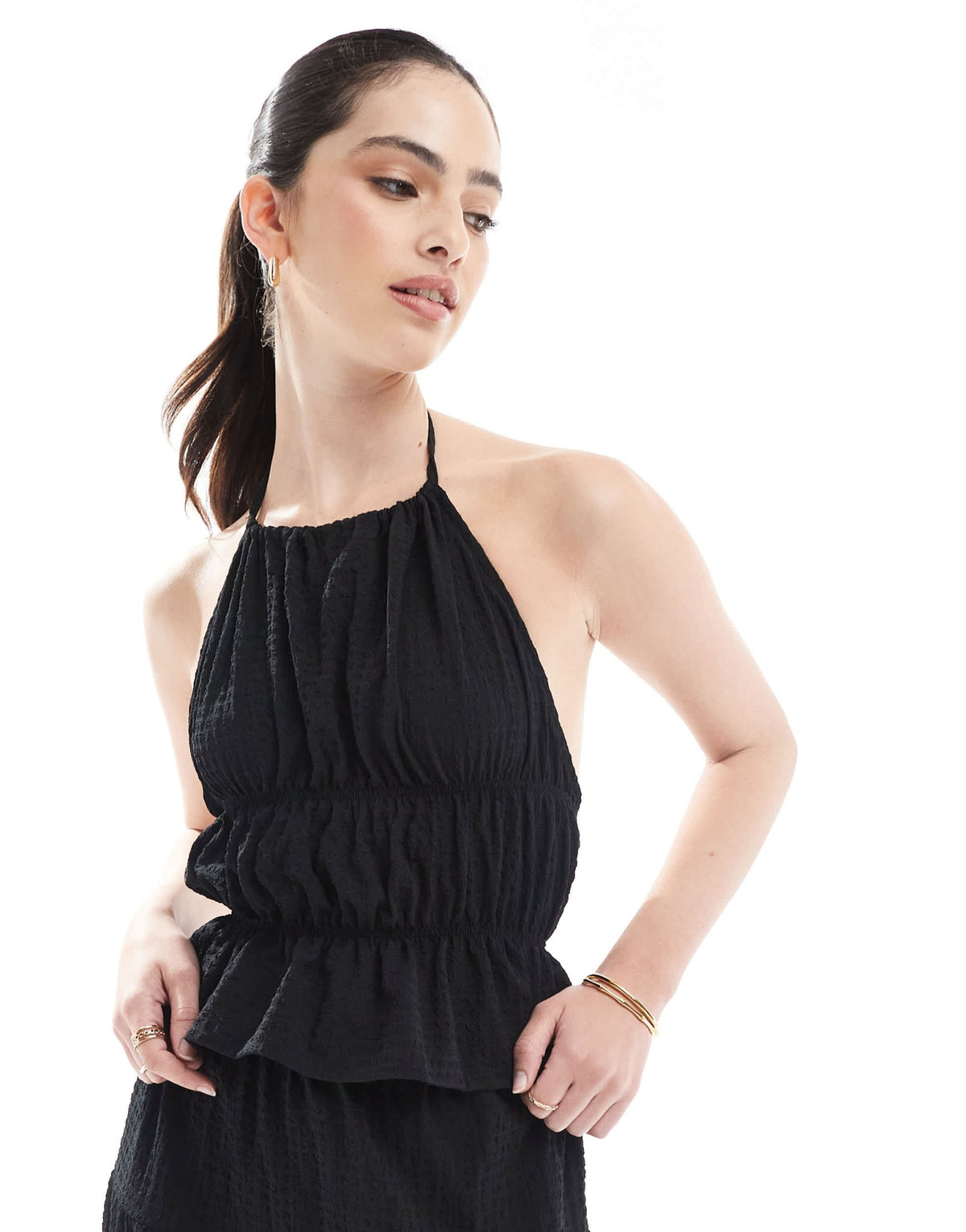 Esmee Exclusive sheer open back halter neck beach top co-ord in textured black - ASOS Sample Sale