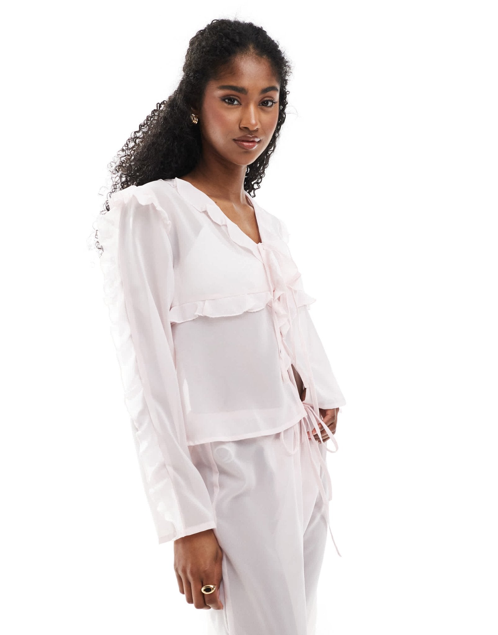Esmee Exclusive sheer tie front beach top with ruffle trim in pink - ASOS Sample Sale