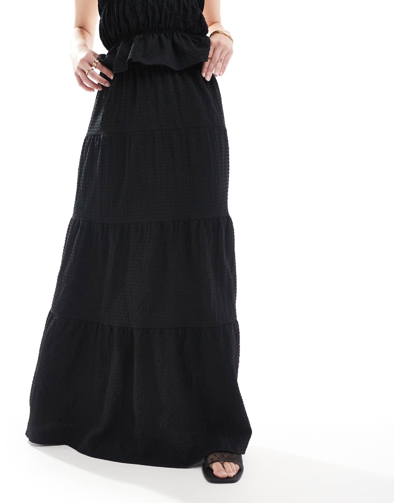 Esmee Exclusive sheer tiered beach skirt co - ord in textured black - ASOS Sample Sale