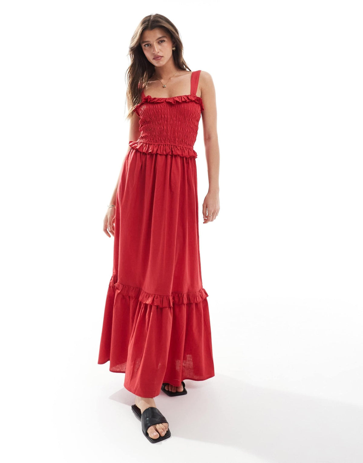 Esmee Exclusive shirring maxi beach dress with ruffle trim in red - ASOS Sample Sale