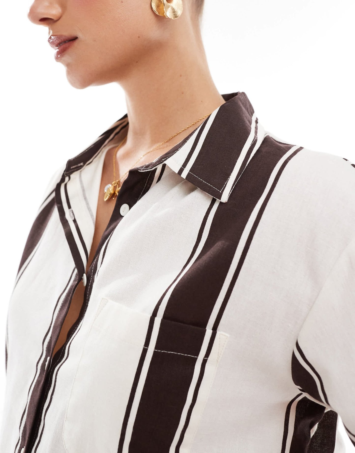 Esmee Exclusive short sleeve beach shirt in brown and cream stripe - ASOS Sample Sale